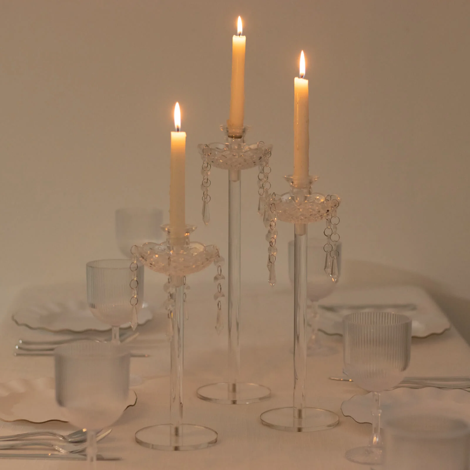 Set of 3 Acrylic Candle Holders with Hanging Bead & Prism Accents – Taper Candlestick Stands - 11",13",15" - Image 7