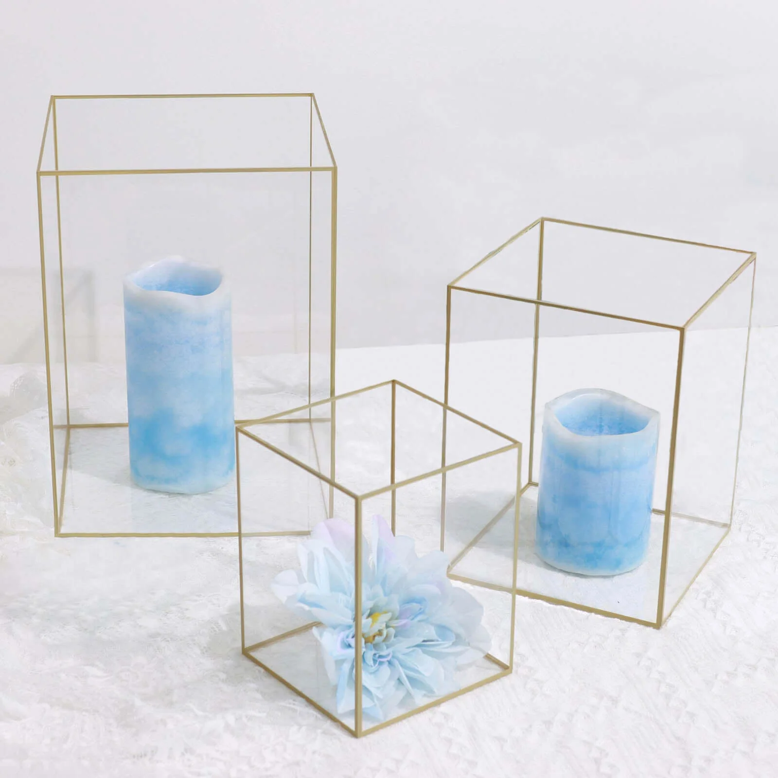 Set of 3 Acrylic Pillar Candle Holders 6", 8", 10" Clear Flower Display Boxes with Gold Rims - Decorative Centerpieces