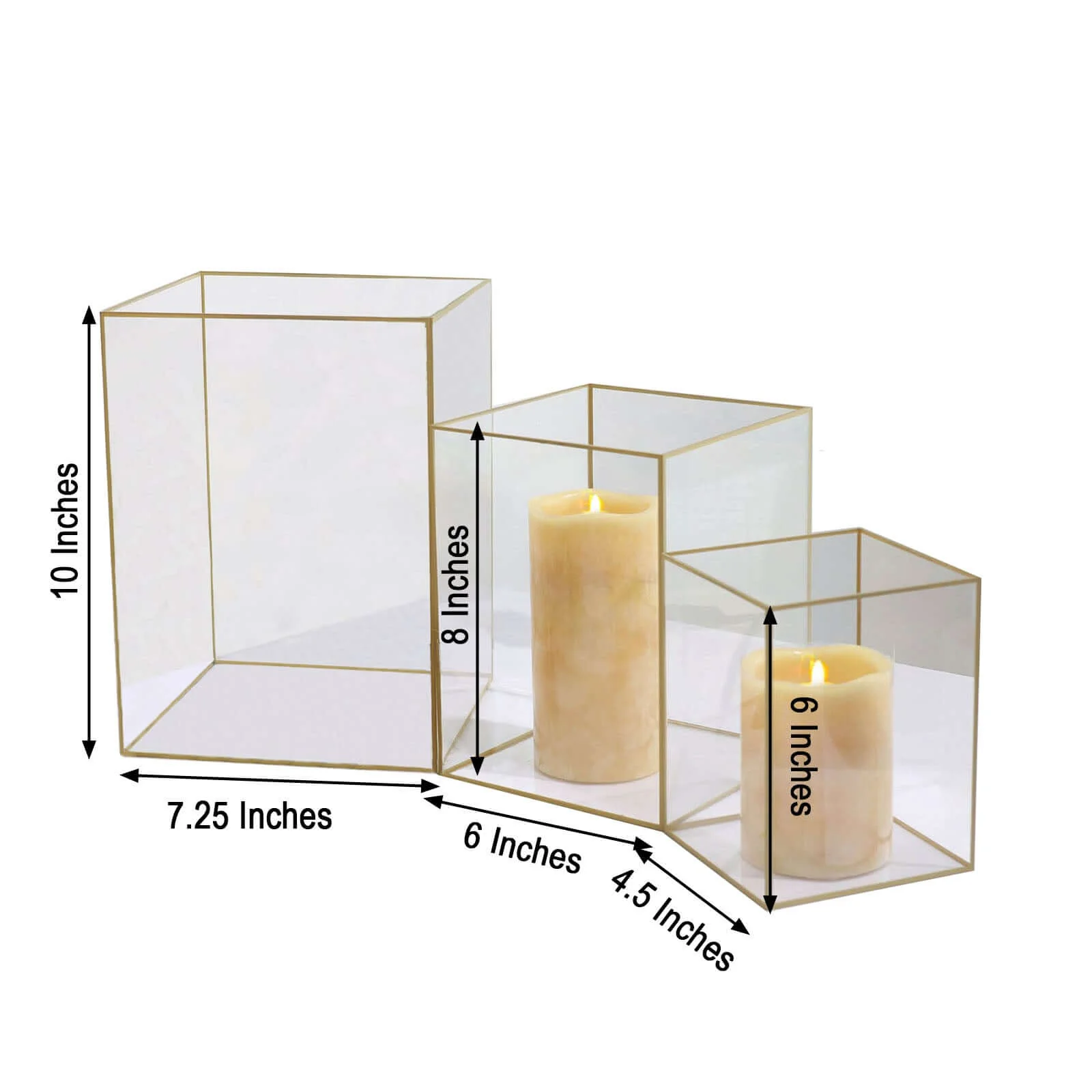 Set of 3 Acrylic Pillar Candle Holders 6", 8", 10" Clear Flower Display Boxes with Gold Rims - Decorative Centerpieces - Image 3