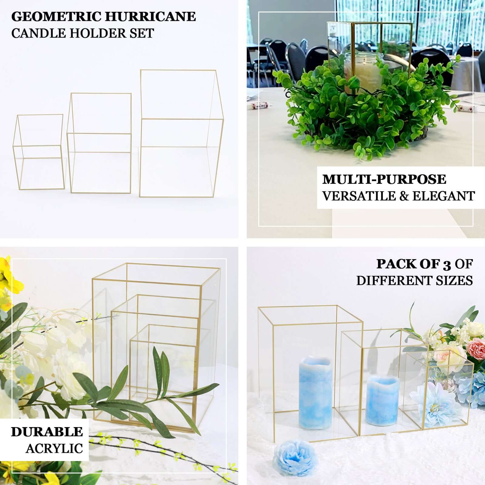 Set of 3 Acrylic Pillar Candle Holders 6", 8", 10" Clear Flower Display Boxes with Gold Rims - Decorative Centerpieces - Image 4