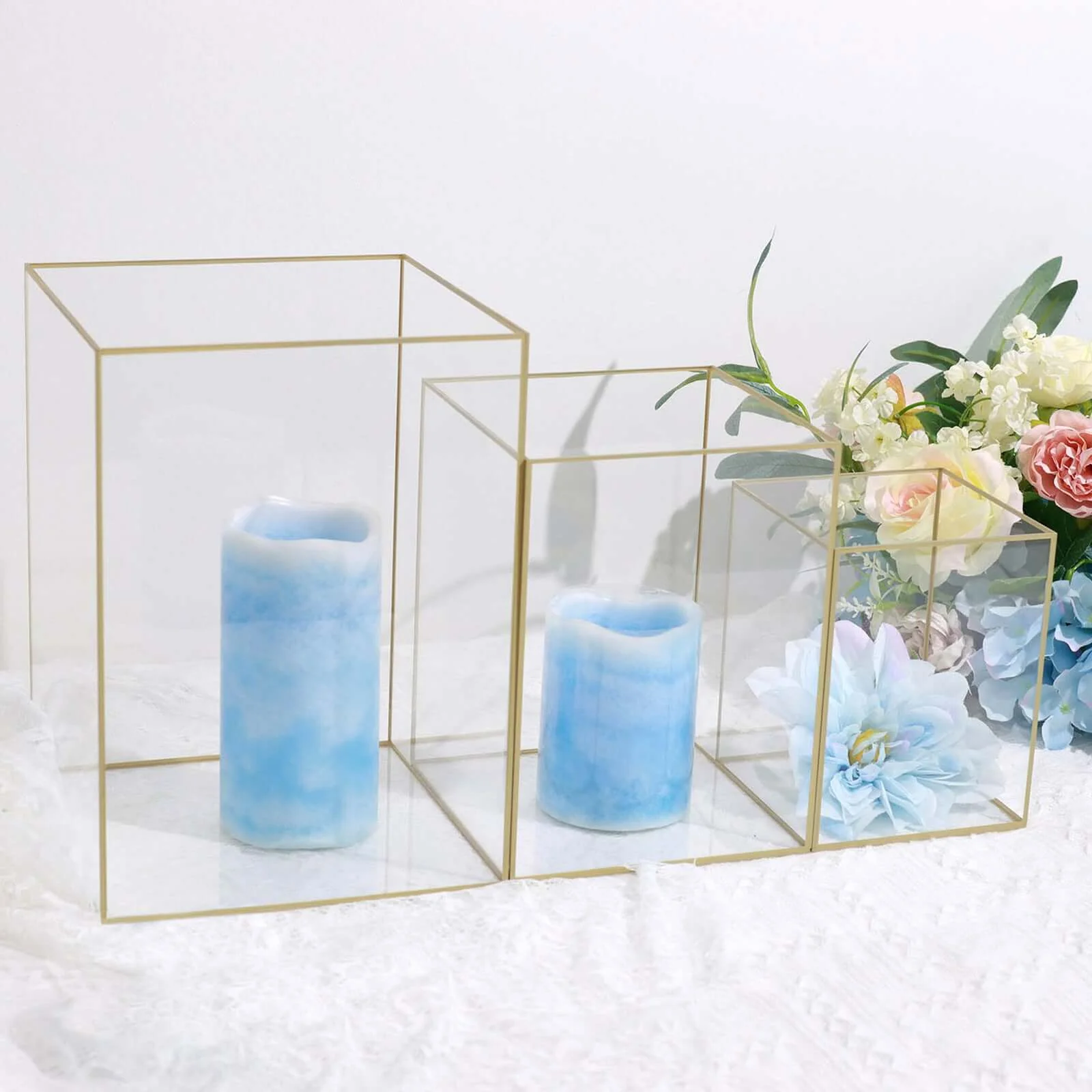 Set of 3 Acrylic Pillar Candle Holders 6", 8", 10" Clear Flower Display Boxes with Gold Rims - Decorative Centerpieces - Image 8