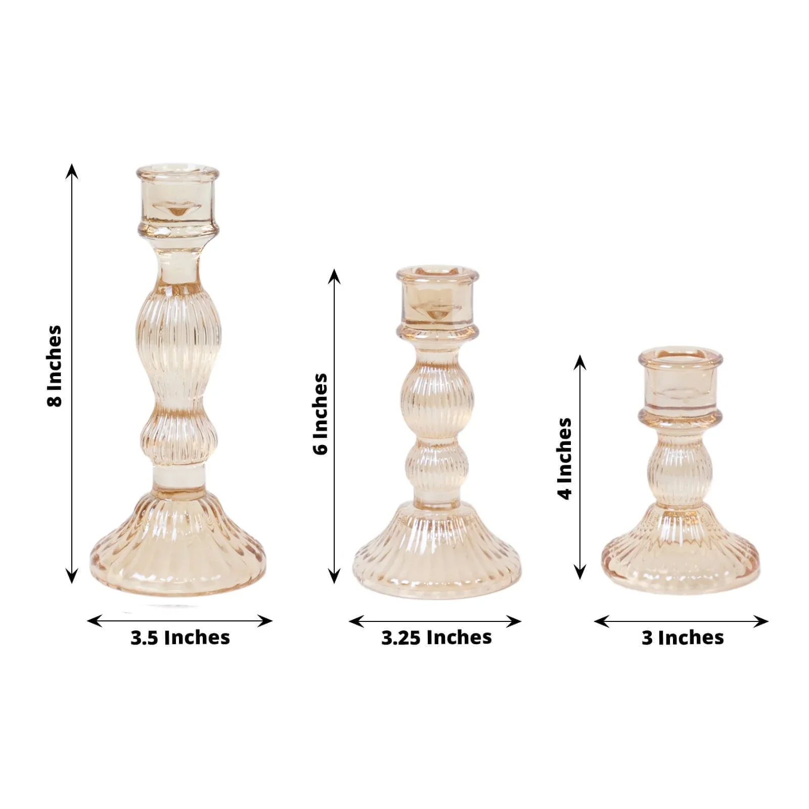 Set of 3 Amber Gold Fluted Glass Taper Candle Holders, Ribbed Crystal Candlestick Stands 4", 6", 8" - Image 2