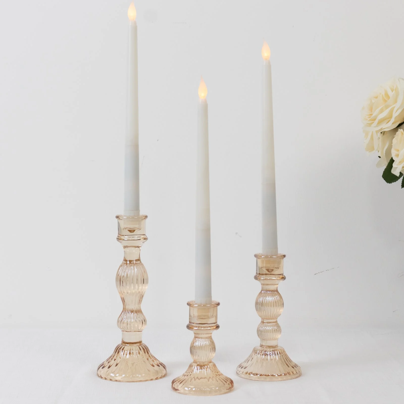 Set of 3 Amber Gold Fluted Glass Taper Candle Holders, Ribbed Crystal Candlestick Stands 4", 6", 8" - Image 3