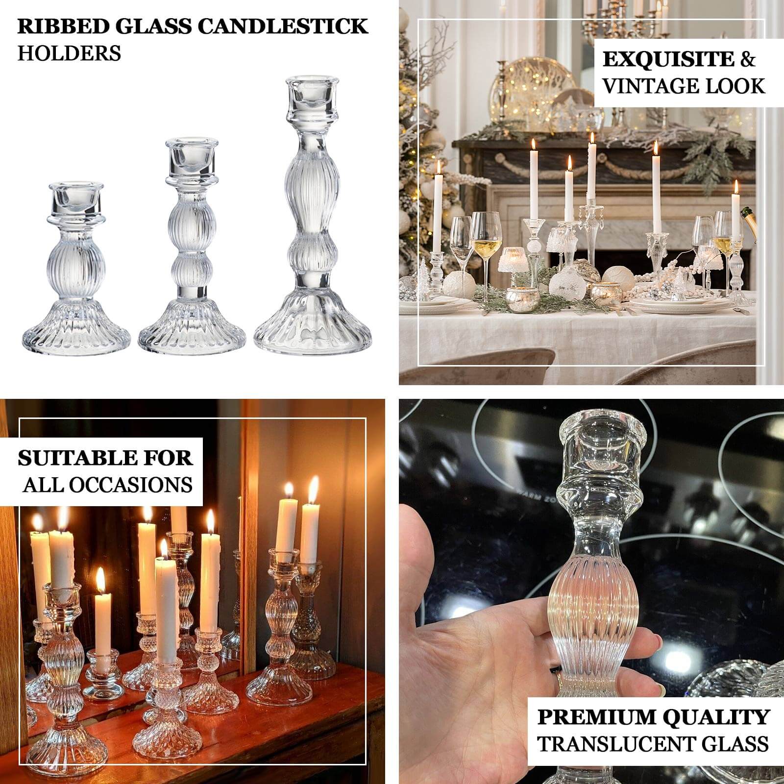 Set of 3 Amber Gold Fluted Glass Taper Candle Holders, Ribbed Crystal Candlestick Stands 4", 6", 8" - Image 4