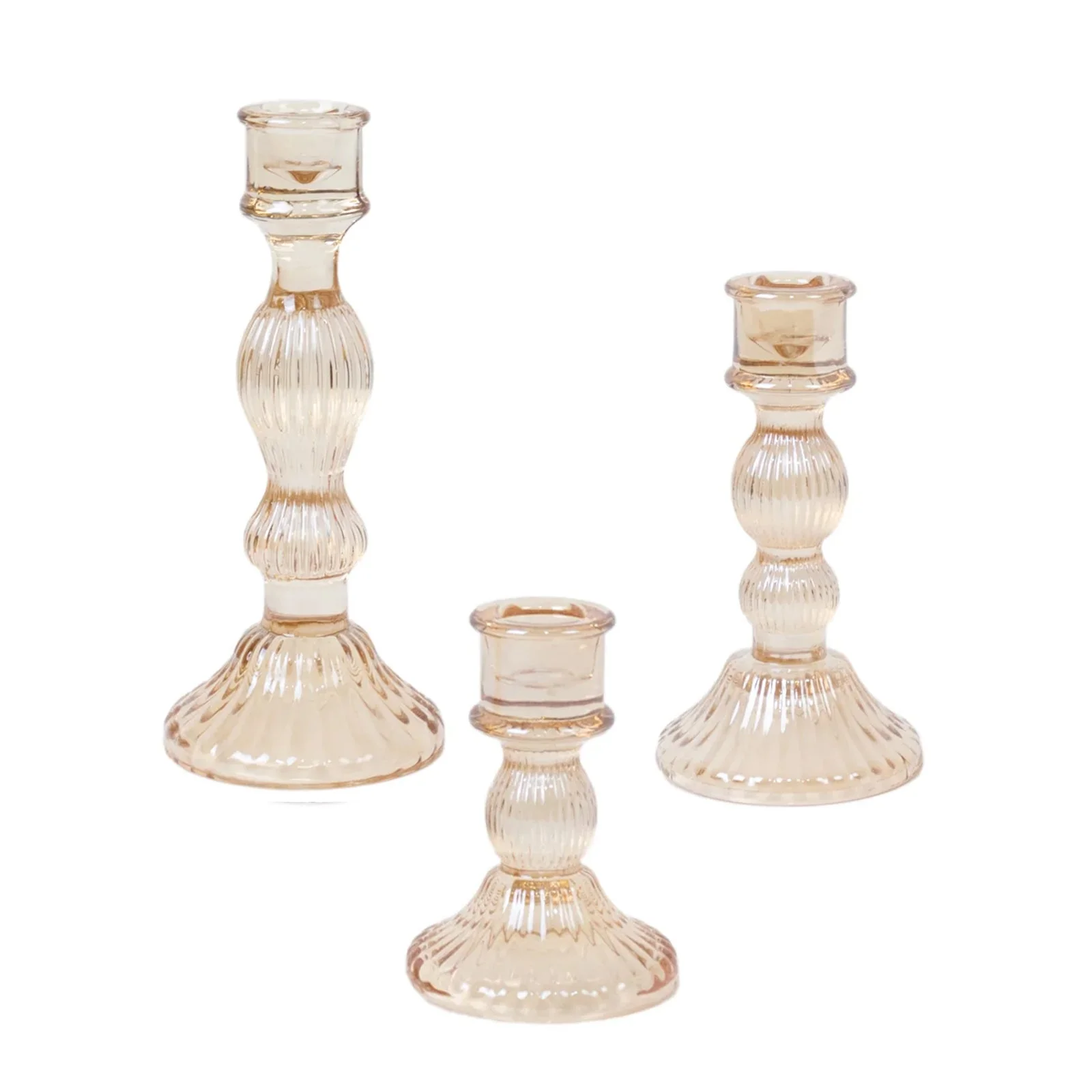 Set of 3 Amber Gold Fluted Glass Taper Candle Holders, Ribbed Crystal Candlestick Stands 4", 6", 8" - Image 5