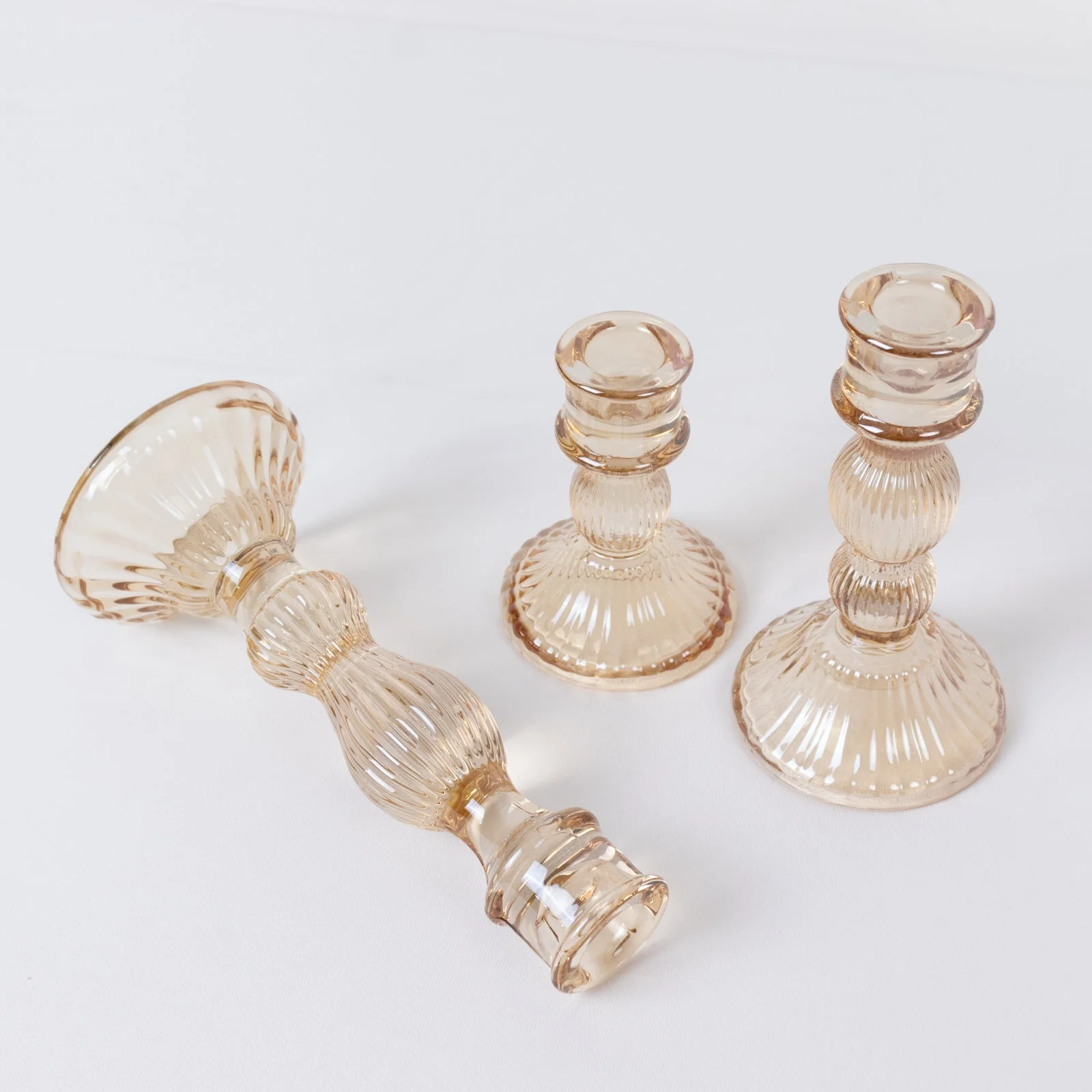 Set of 3 Amber Gold Fluted Glass Taper Candle Holders, Ribbed Crystal Candlestick Stands 4", 6", 8" - Image 6
