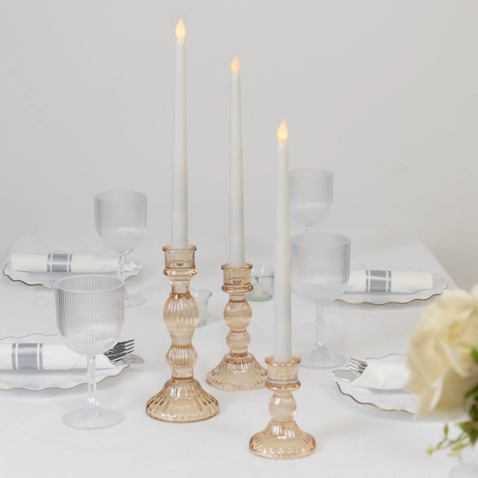Set of 3 Amber Gold Fluted Glass Taper Candle Holders, Ribbed Crystal Candlestick Stands 4", 6", 8" - Image 7