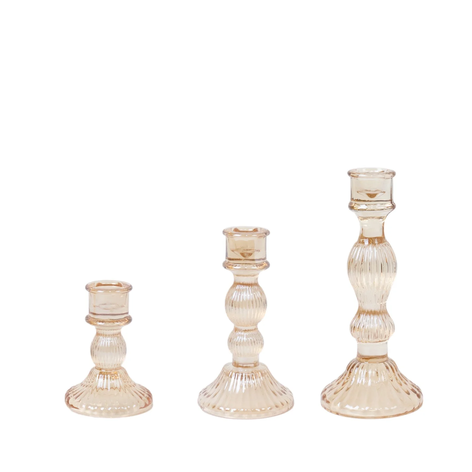 Set of 3 Amber Gold Fluted Glass Taper Candle Holders, Ribbed Crystal Candlestick Stands 4", 6", 8" - Image 8
