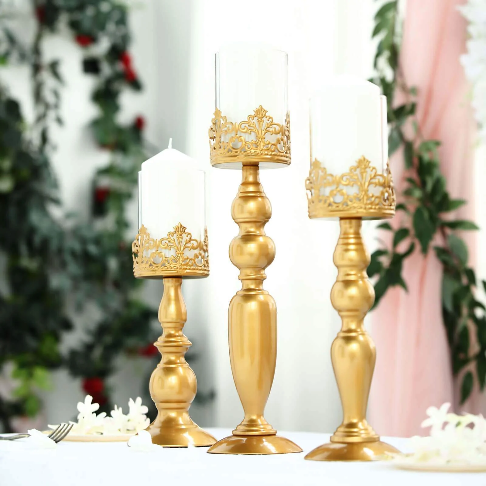 Set of 3 Antique Gold Lace Hurricane Glass Candle Holders 12", 14", 17" - Sophisticated Pillar Candle Stand Set for Decor - Image 11