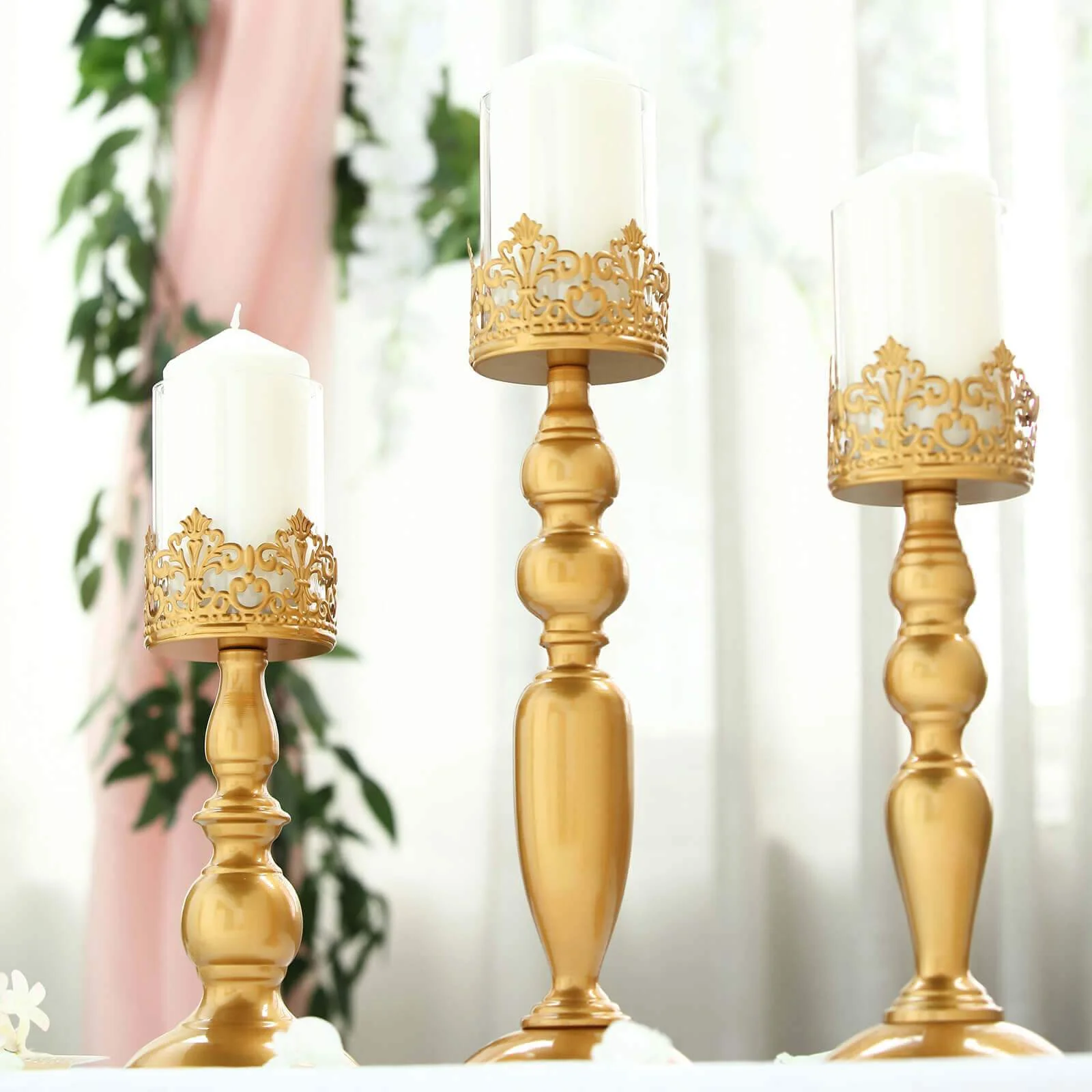 Set of 3 Antique Gold Lace Hurricane Glass Candle Holders 12", 14", 17" - Sophisticated Pillar Candle Stand Set for Decor - Image 12