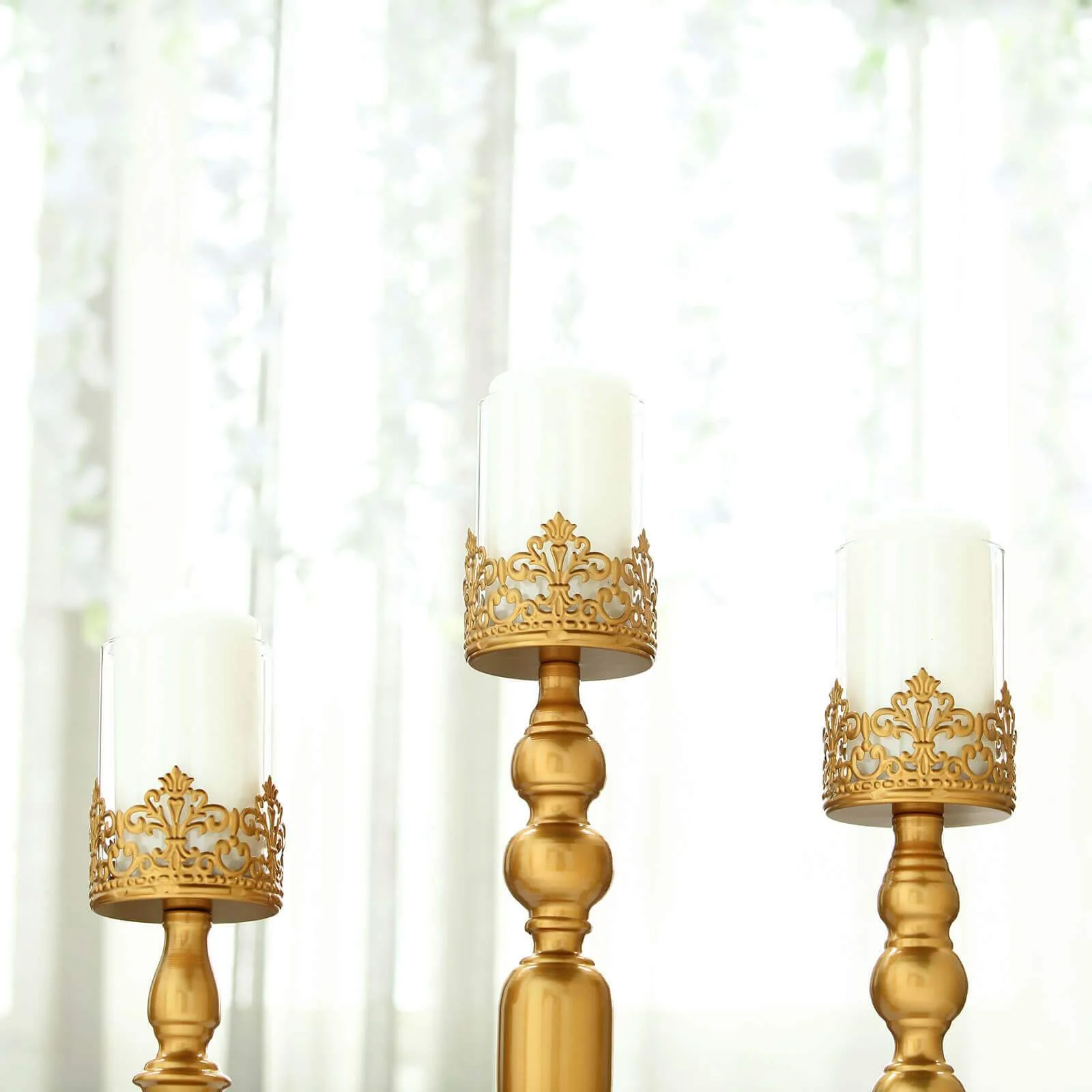 Set of 3 Antique Gold Lace Hurricane Glass Candle Holders 12", 14", 17" - Sophisticated Pillar Candle Stand Set for Decor - Image 13