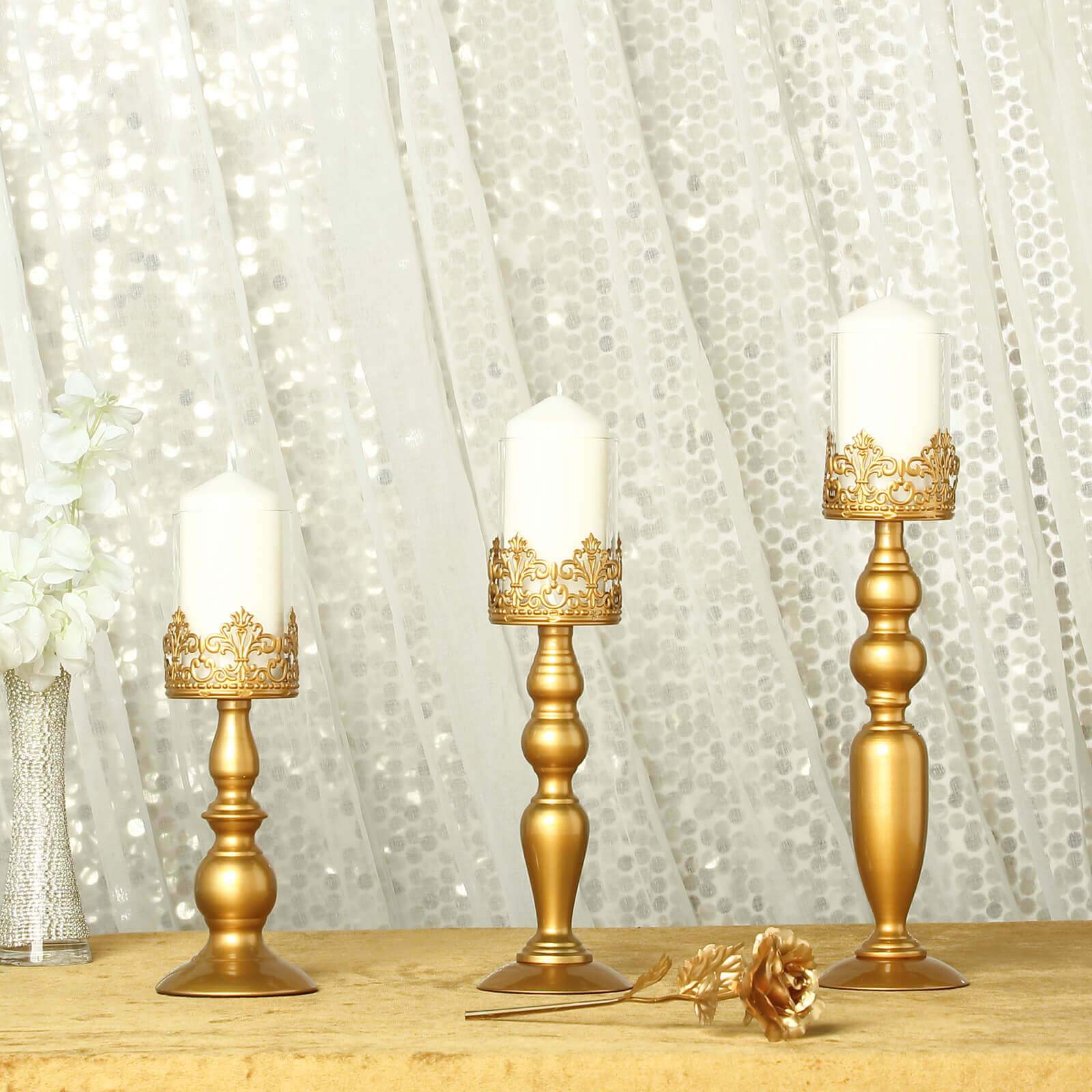 Set of 3 Antique Gold Lace Hurricane Glass Candle Holders 12", 14", 17" - Sophisticated Pillar Candle Stand Set for Decor - Image 14