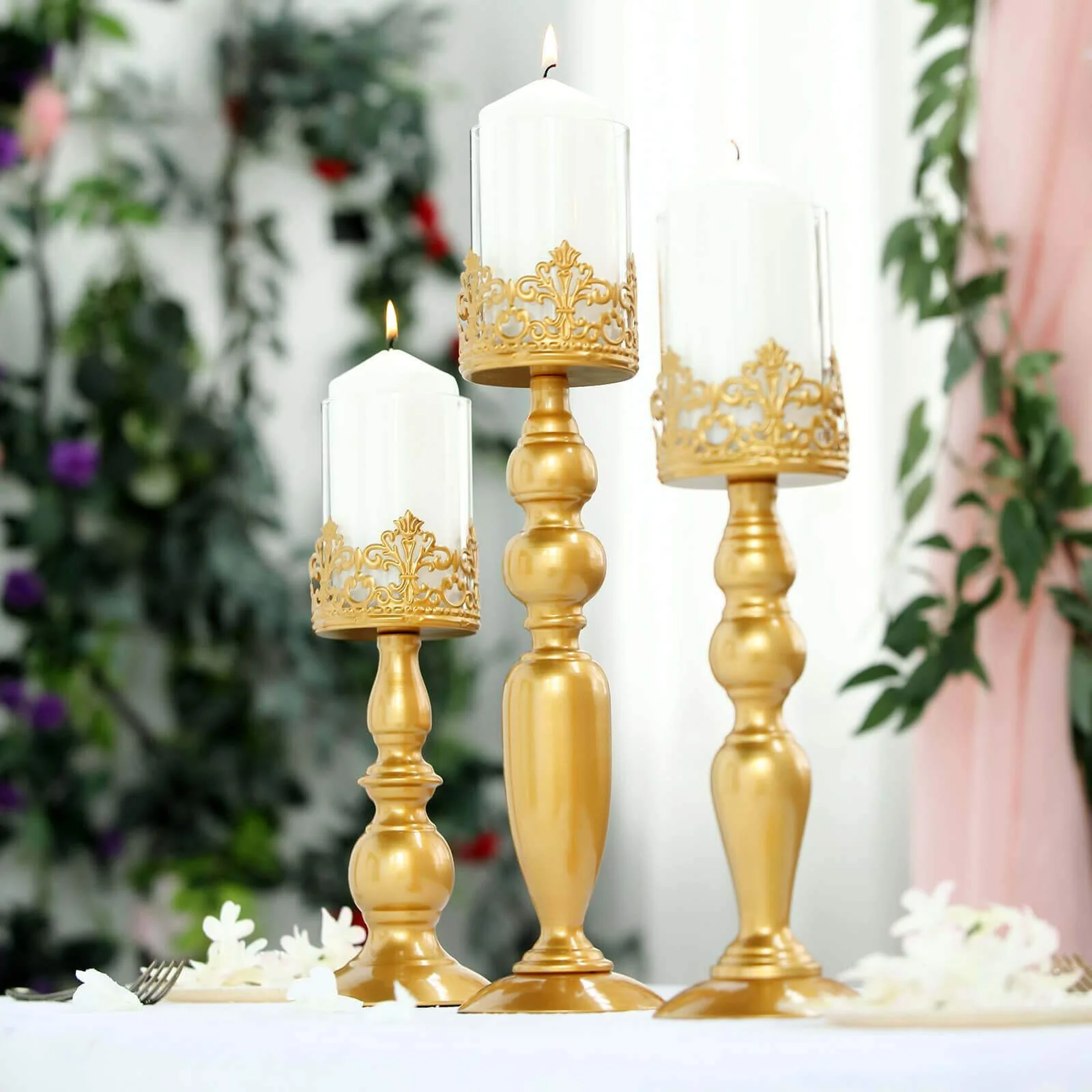 Set of 3 Antique Gold Lace Hurricane Glass Candle Holders 12", 14", 17" - Sophisticated Pillar Candle Stand Set for Decor - Image 2