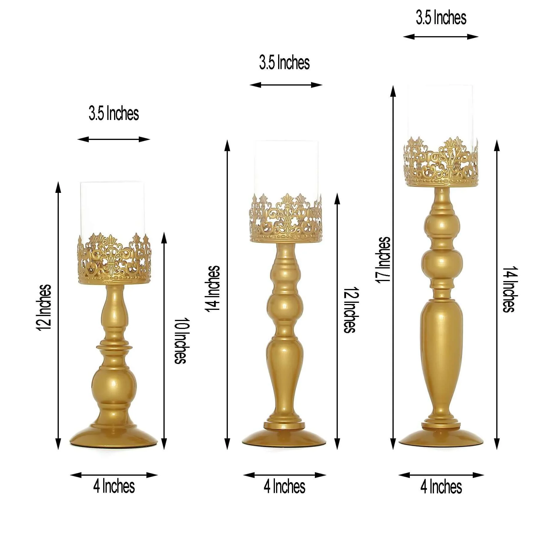 Set of 3 Antique Gold Lace Hurricane Glass Candle Holders 12", 14", 17" - Sophisticated Pillar Candle Stand Set for Decor - Image 3