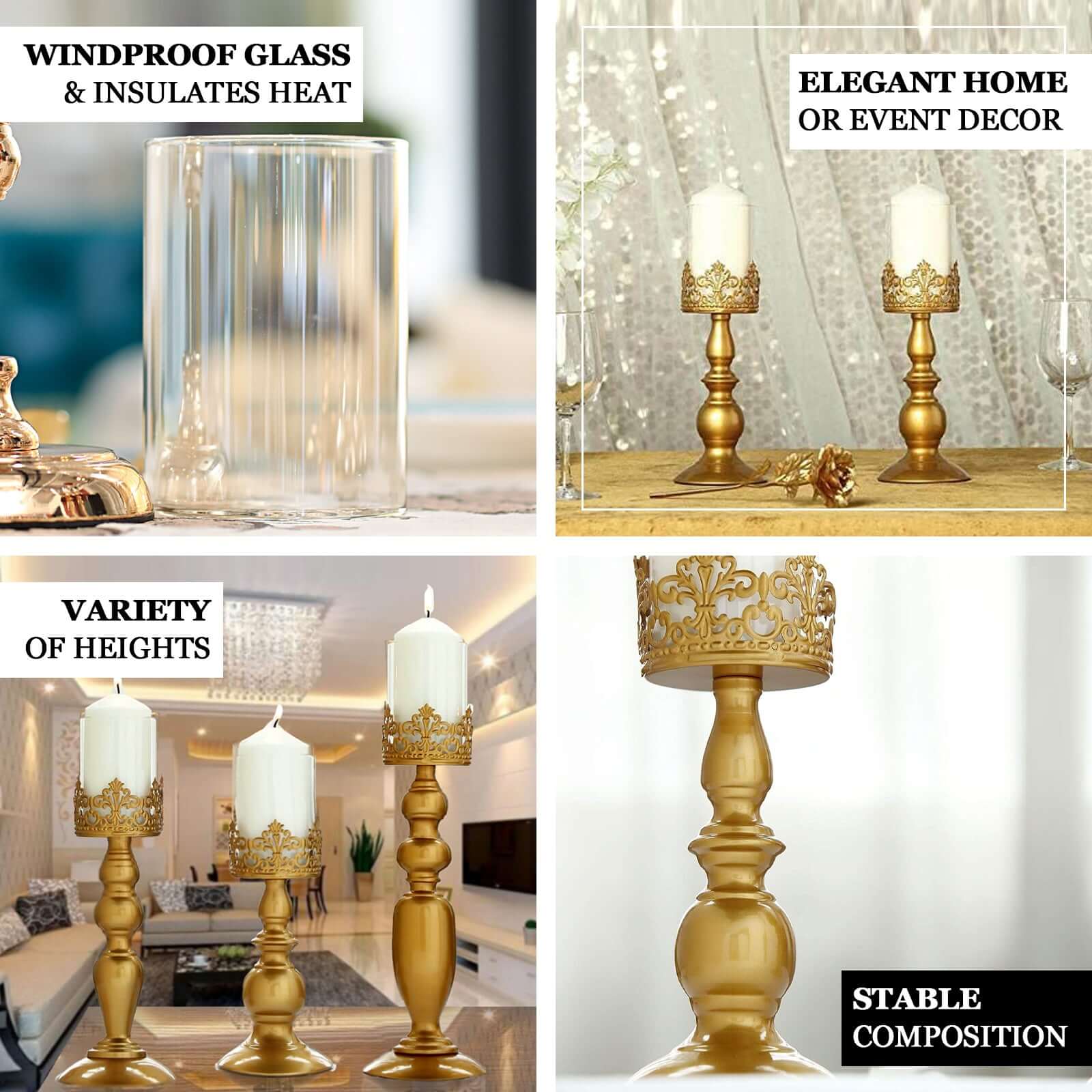Set of 3 Antique Gold Lace Hurricane Glass Candle Holders 12", 14", 17" - Sophisticated Pillar Candle Stand Set for Decor - Image 4
