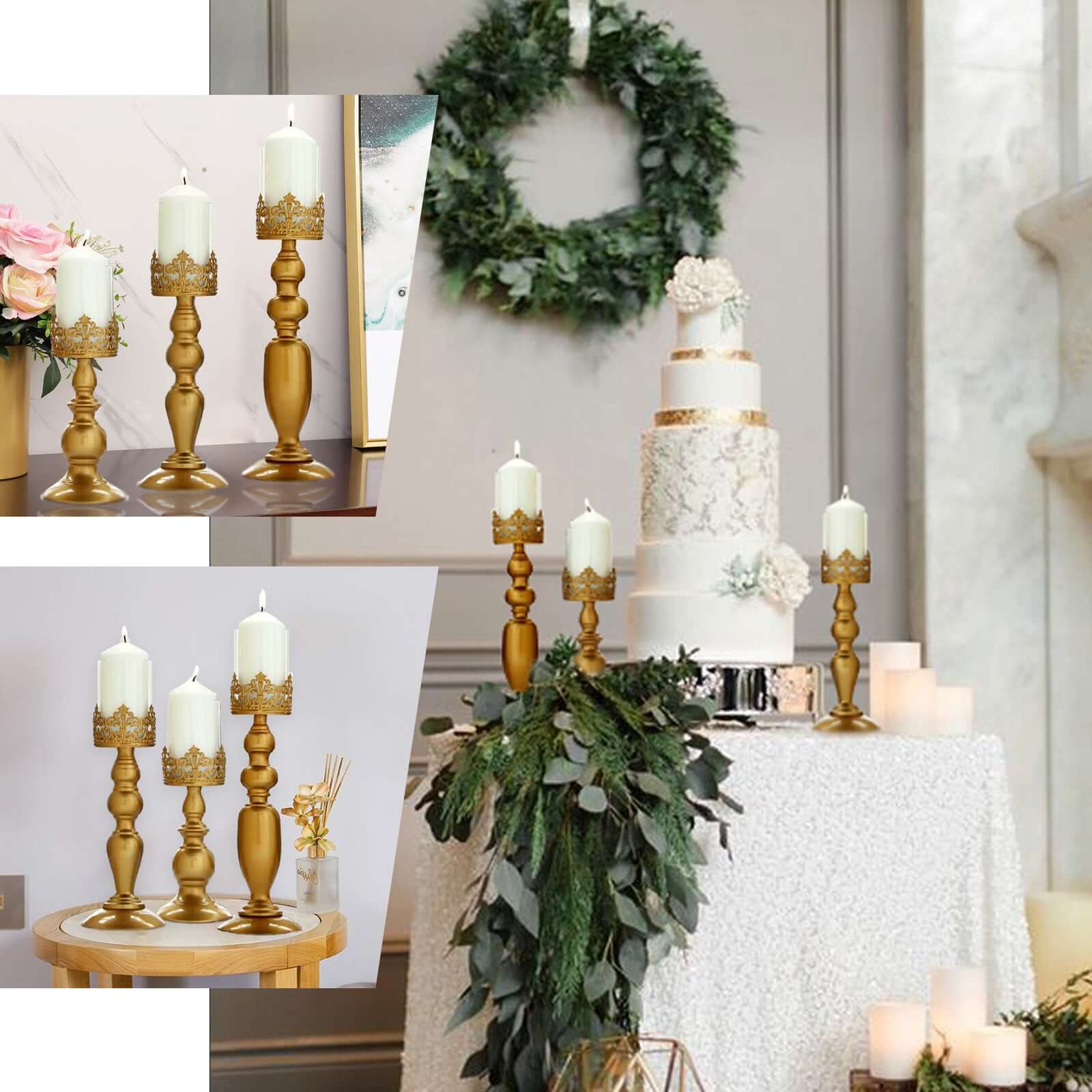 Set of 3 Antique Gold Lace Hurricane Glass Candle Holders 12", 14", 17" - Sophisticated Pillar Candle Stand Set for Decor - Image 5