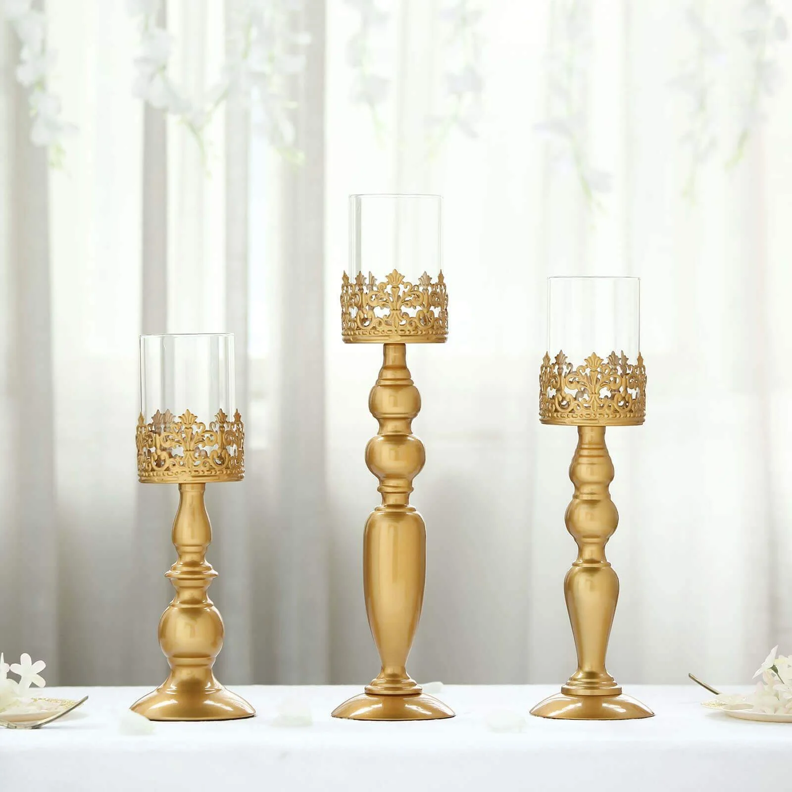 Set of 3 Antique Gold Lace Hurricane Glass Candle Holders 12", 14", 17" - Sophisticated Pillar Candle Stand Set for Decor - Image 6