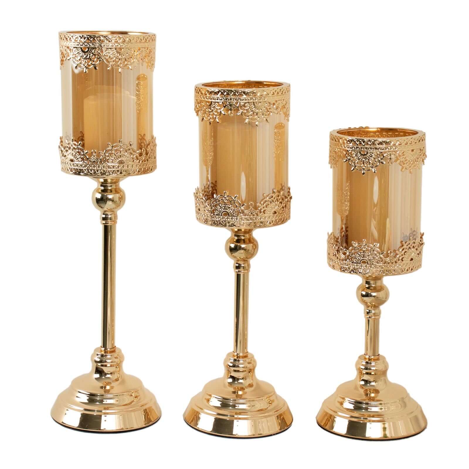 Set of 3 Antique Gold Lace Votive Candle Stands with Hurricane Glass Shades 13", 15", 17" - Chic Pillar Candle Holders - Image 7
