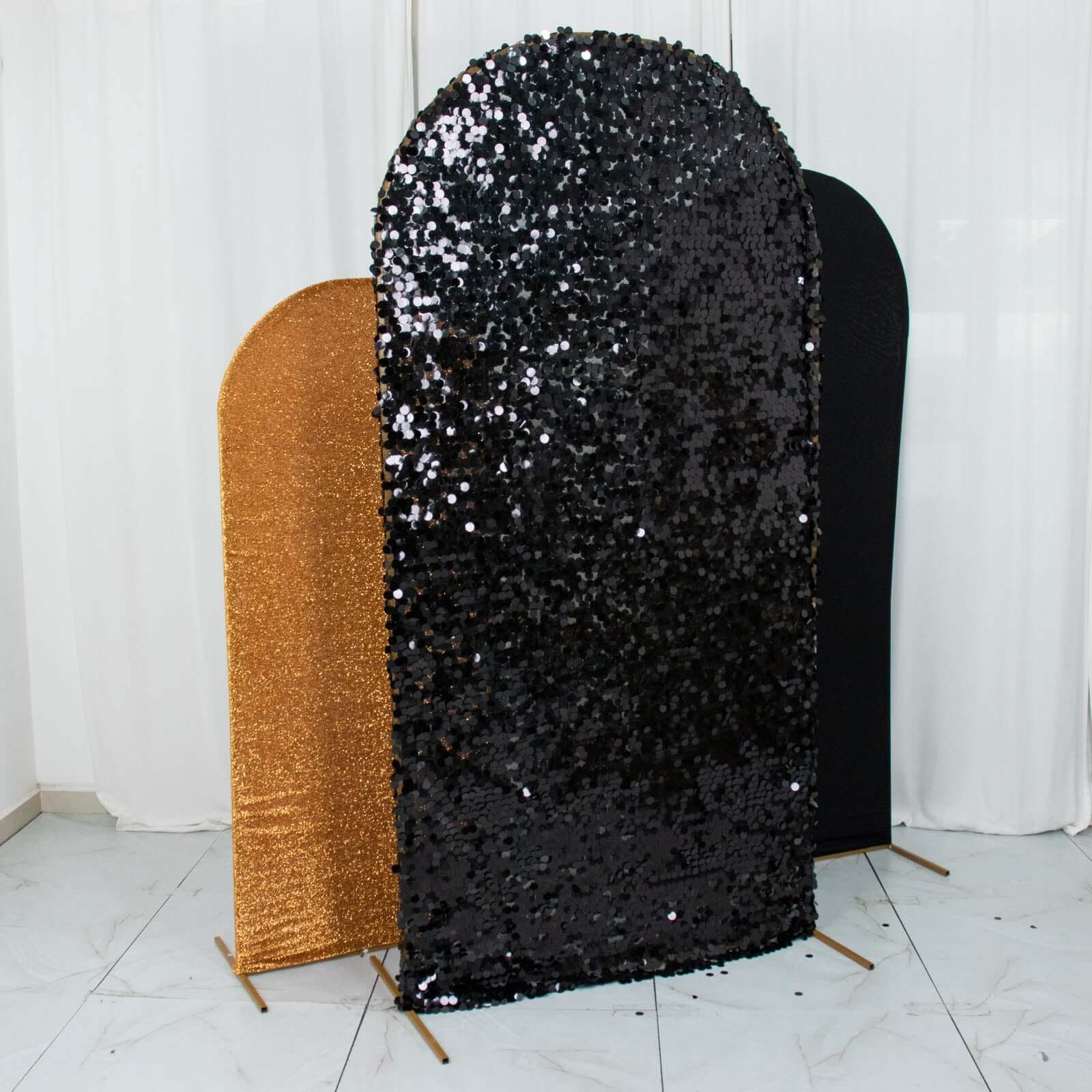 Set of 3 Black / Gold Round Top Fitted Backdrop Stand Covers, Big Payette Sequin, Shimmer Tinsel and Matte Spandex Wedding Arch Frame Covers - Image 2