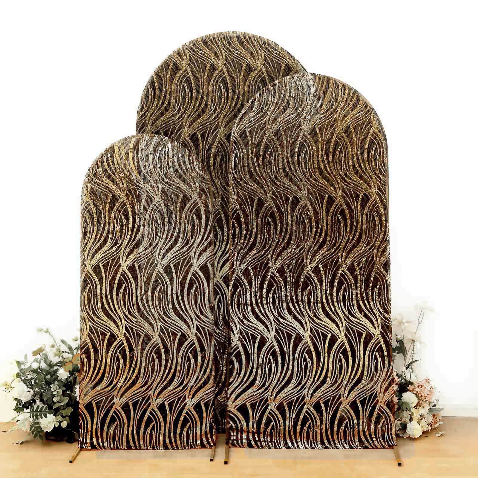 Set of 3 Black Wave Mesh Chiara Backdrop Stand Covers With Gold Embroidered Sequins, Fitted Covers For Round Top Wedding Arches - 5ft,6ft,7ft