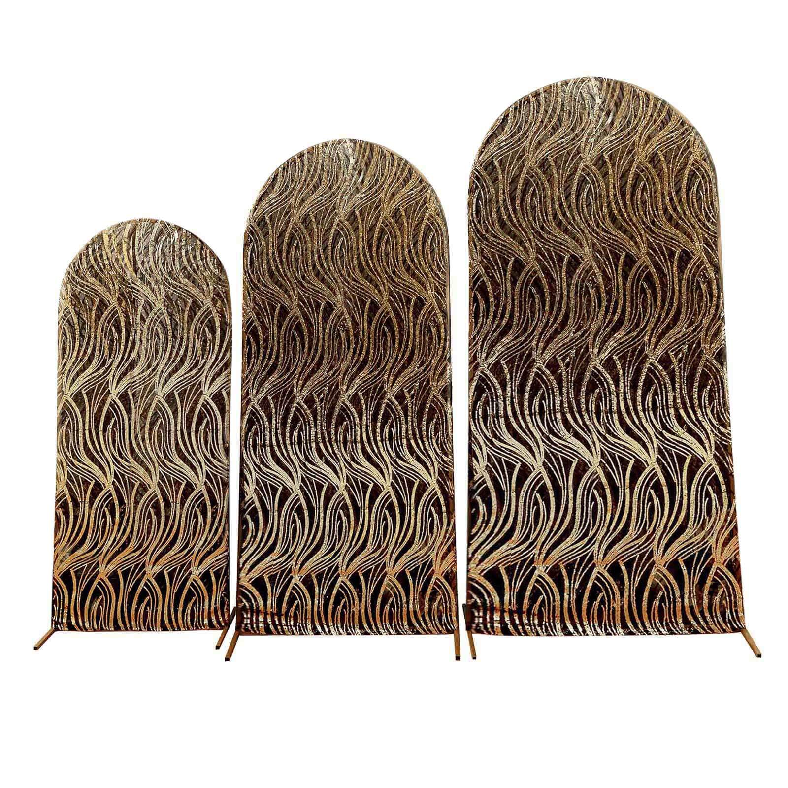 Set of 3 Black Wave Mesh Chiara Backdrop Stand Covers With Gold Embroidered Sequins, Fitted Covers For Round Top Wedding Arches - 5ft,6ft,7ft - Image 6