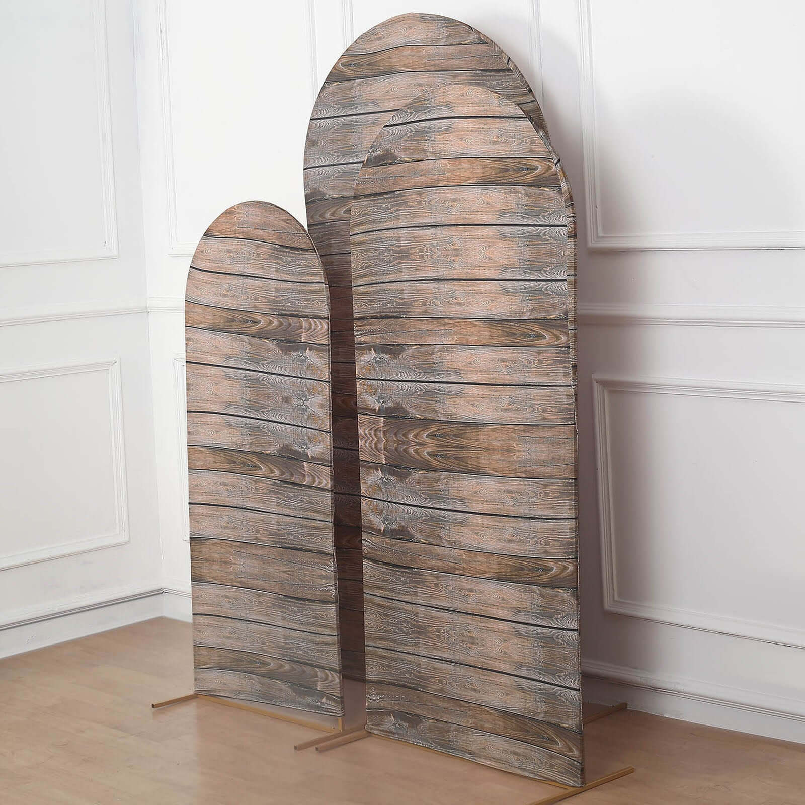 Set of 3 Brown Rustic Wood Plank Pattern Spandex Fitted Wedding Arch Covers For Round Top Chiara Backdrop Stands 5ft, 6ft, 7ft - Image 4