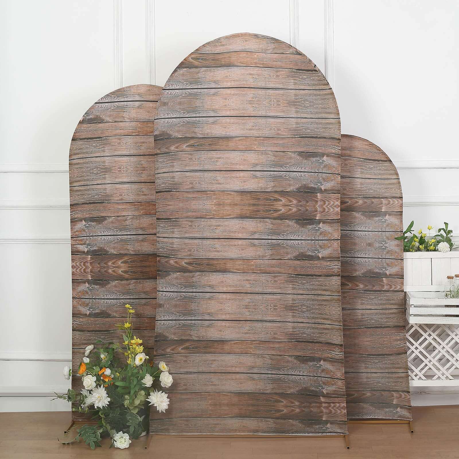 Set of 3 Brown Rustic Wood Plank Pattern Spandex Fitted Wedding Arch Covers For Round Top Chiara Backdrop Stands 5ft, 6ft, 7ft - Image 5