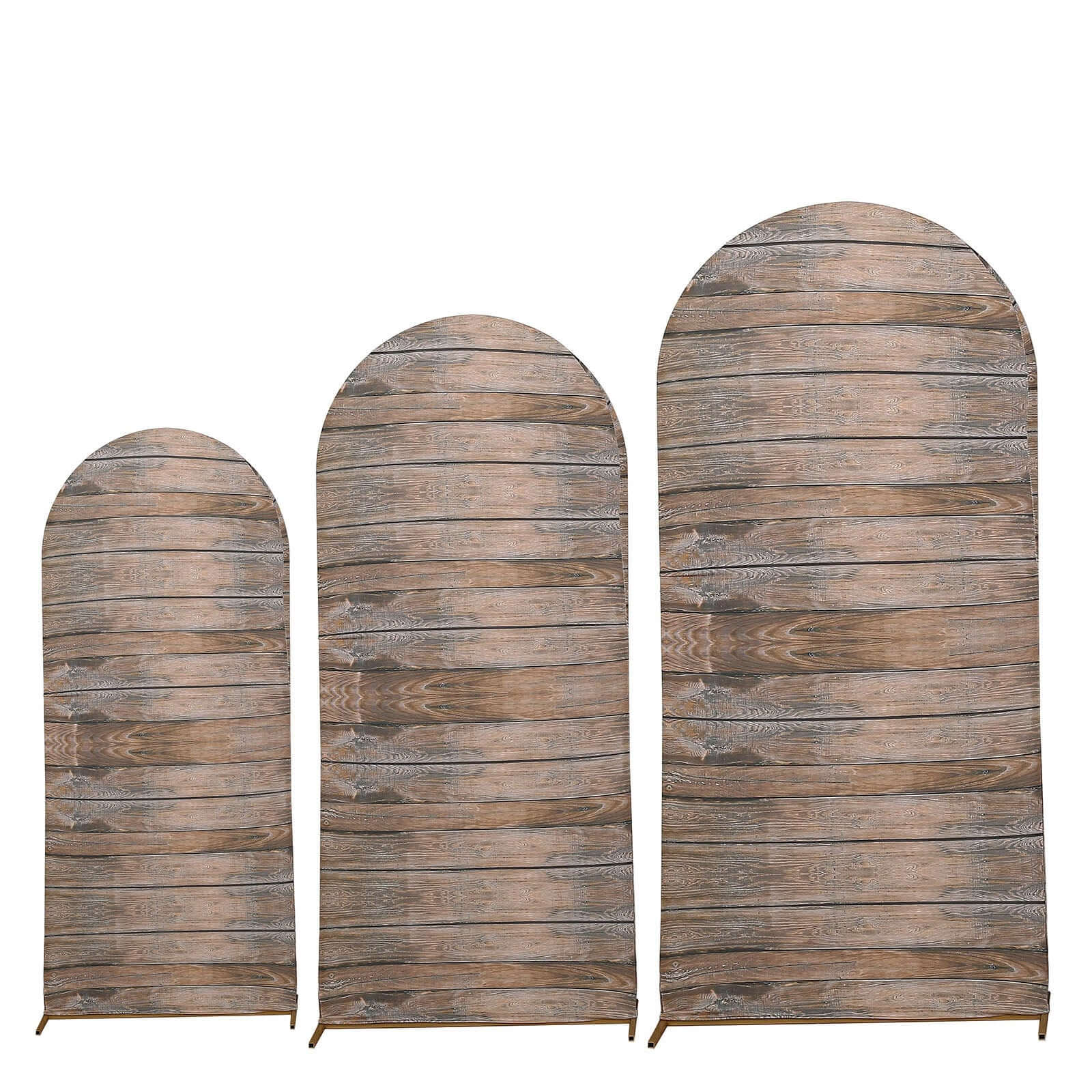 Set of 3 Brown Rustic Wood Plank Pattern Spandex Fitted Wedding Arch Covers For Round Top Chiara Backdrop Stands 5ft, 6ft, 7ft - Image 6