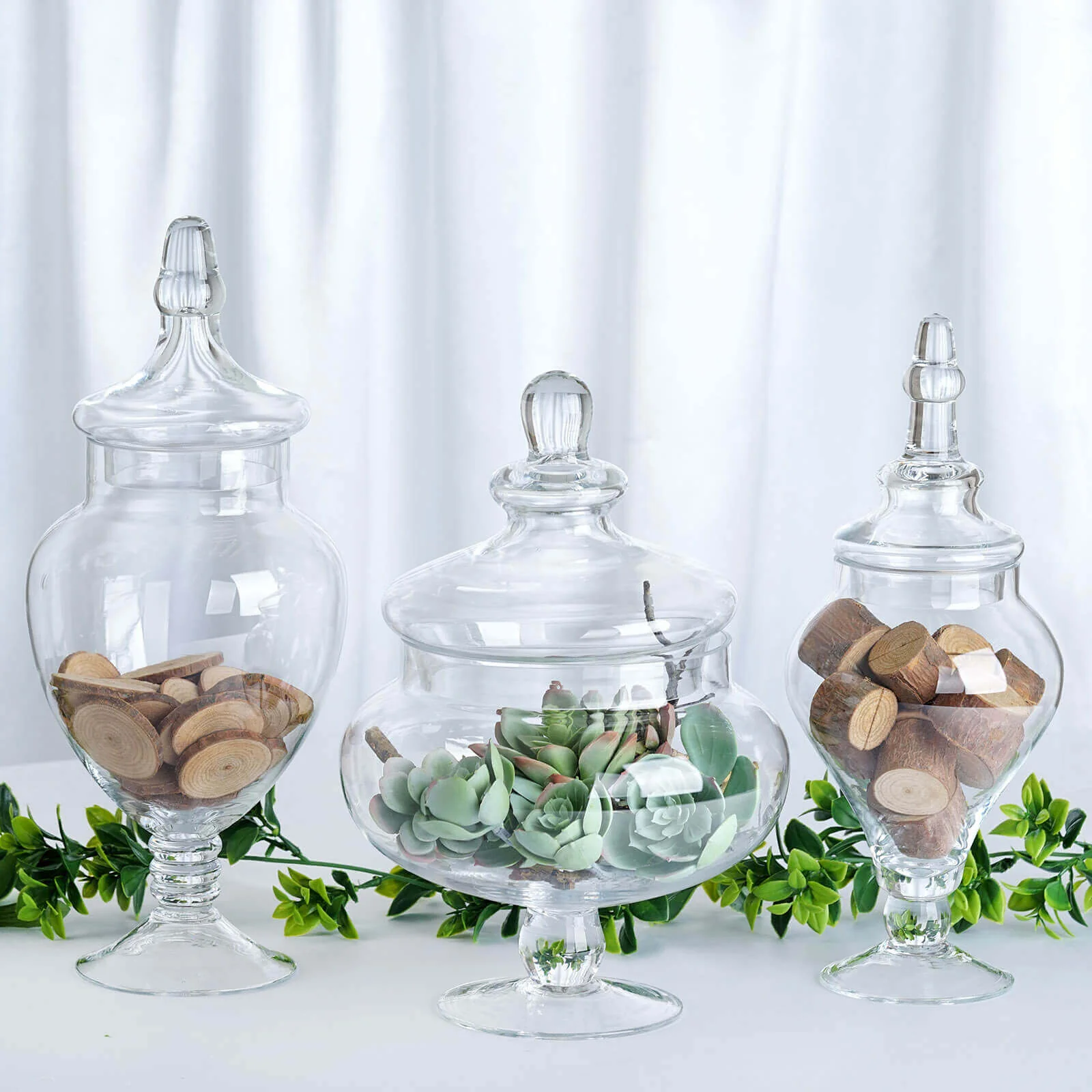 Set of 3 Clear Glass Candy Jars 10"/12"/14" Pedestal Apothecary Design with Snap-On Lids - Party Favor Containers for Events - Image 2