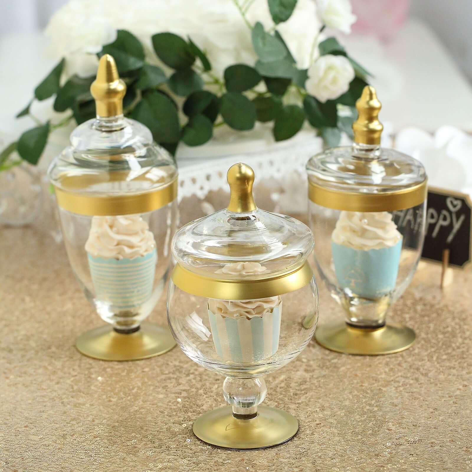 Set of 3 Clear Glass Jars 8.5", 9", 10" Apothecary Design with Gold Trim and Snap-On Lids - Decorative Footed Candy Buffet Containers - Image 8