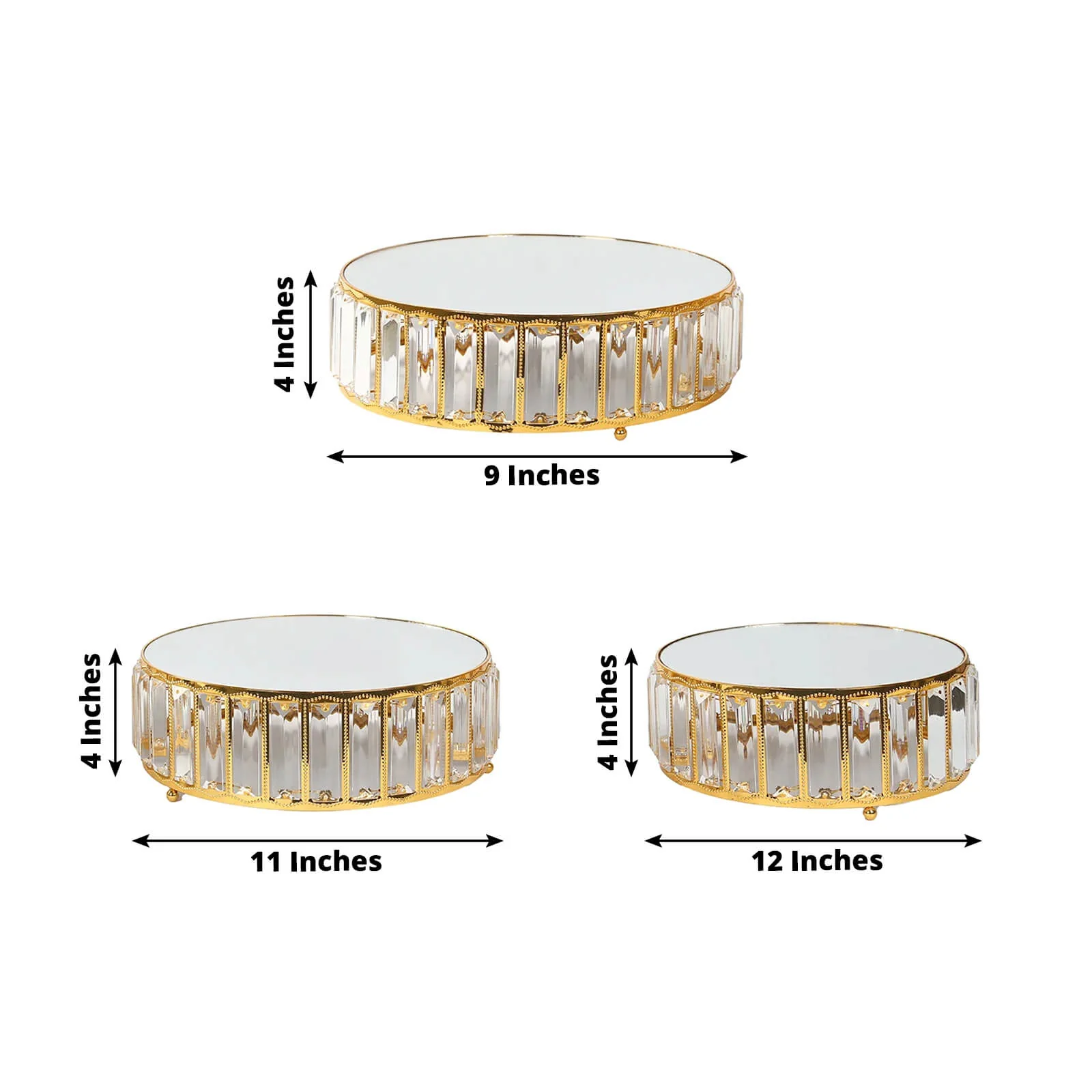 Set of 3 Crystal Pendant Gold Metal Cake Stands, Stackable Round Dessert Display Trays with Mirror Top - 9",11",12" - Image 2
