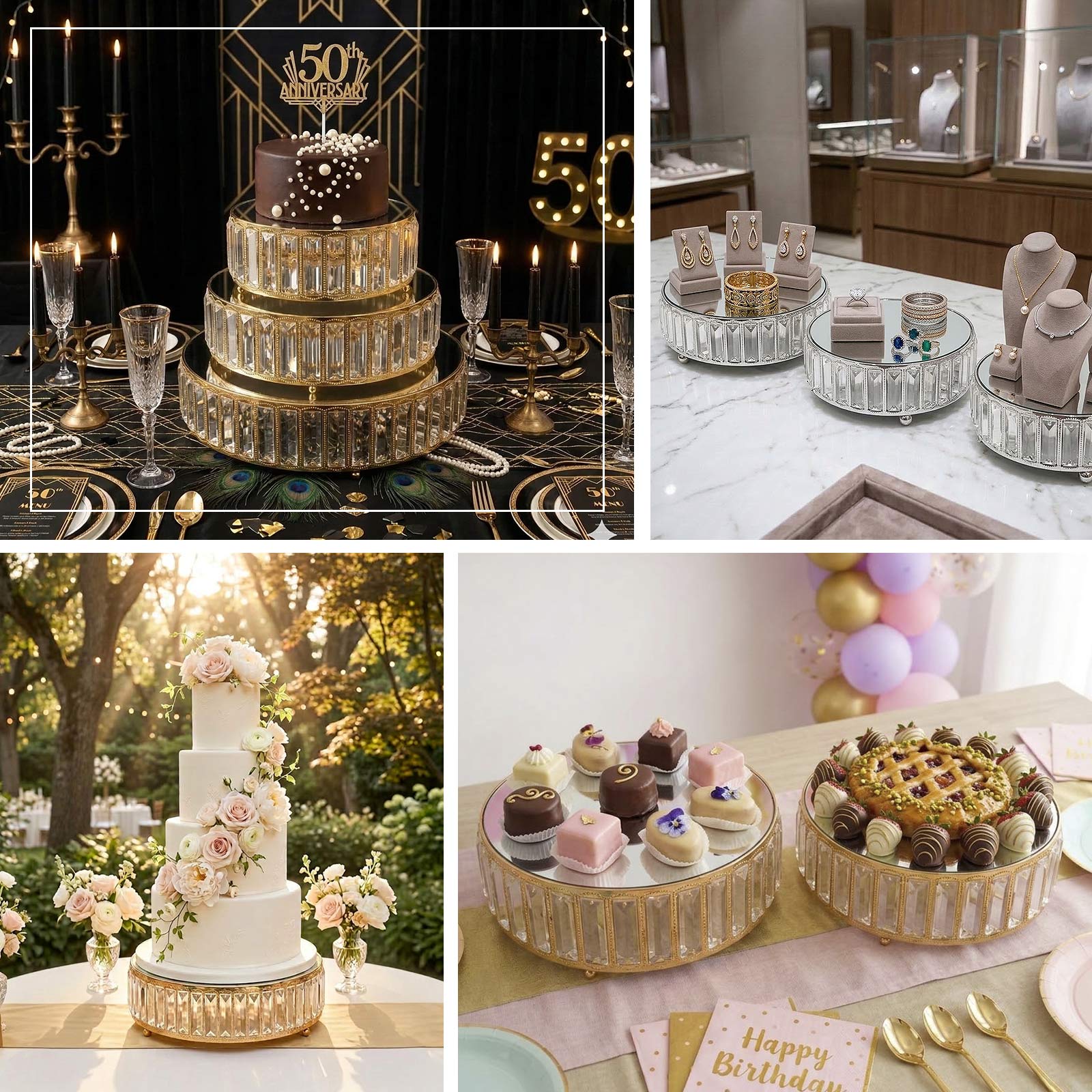 Set of 3 Crystal Pendant Gold Metal Cake Stands, Stackable Round Dessert Display Trays with Mirror Top - 9",11",12" - Image 4