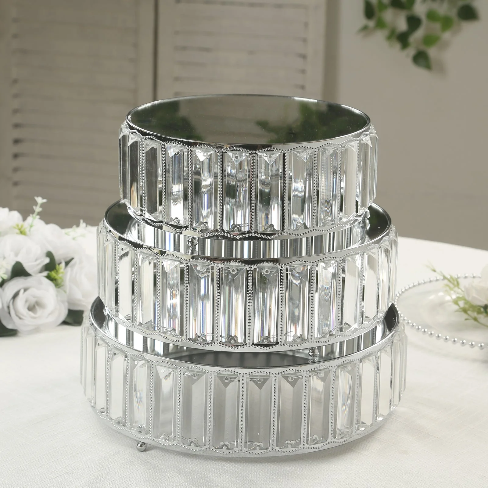 Set of 3 Crystal Pendant Silver Metal Cake Stands, Stackable Round Dessert Display Trays with Mirror Top - 9",11",12" - Image 10
