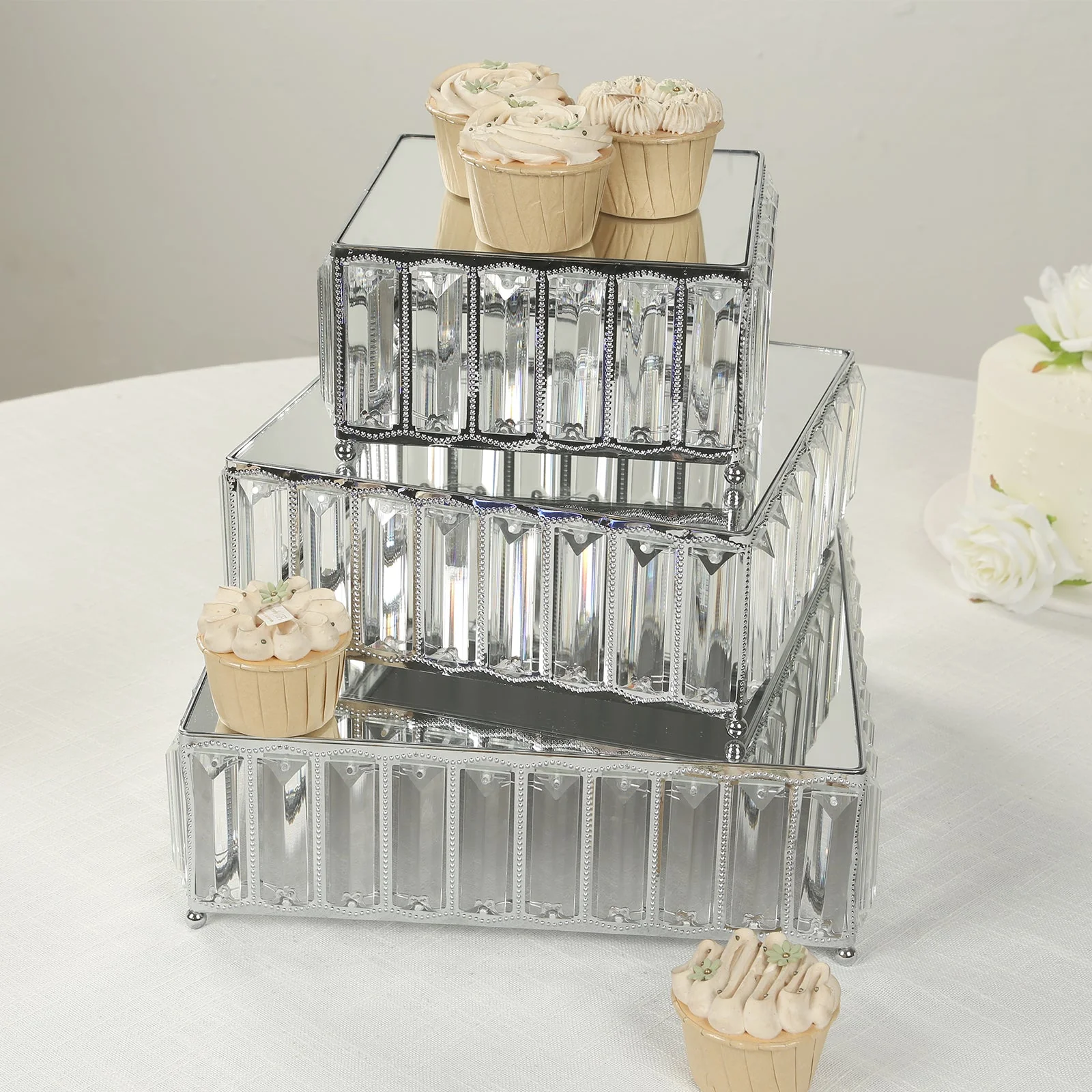 Set of 3 Crystal Pendant Silver Metal Cake Stands, Stackable Square Dessert Display Trays with Mirror Top - 7",10",12" - Image 10