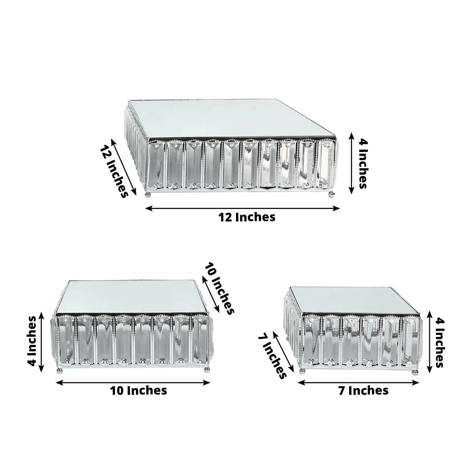 Set of 3 Crystal Pendant Silver Metal Cake Stands, Stackable Square Dessert Display Trays with Mirror Top - 7",10",12" - Image 2