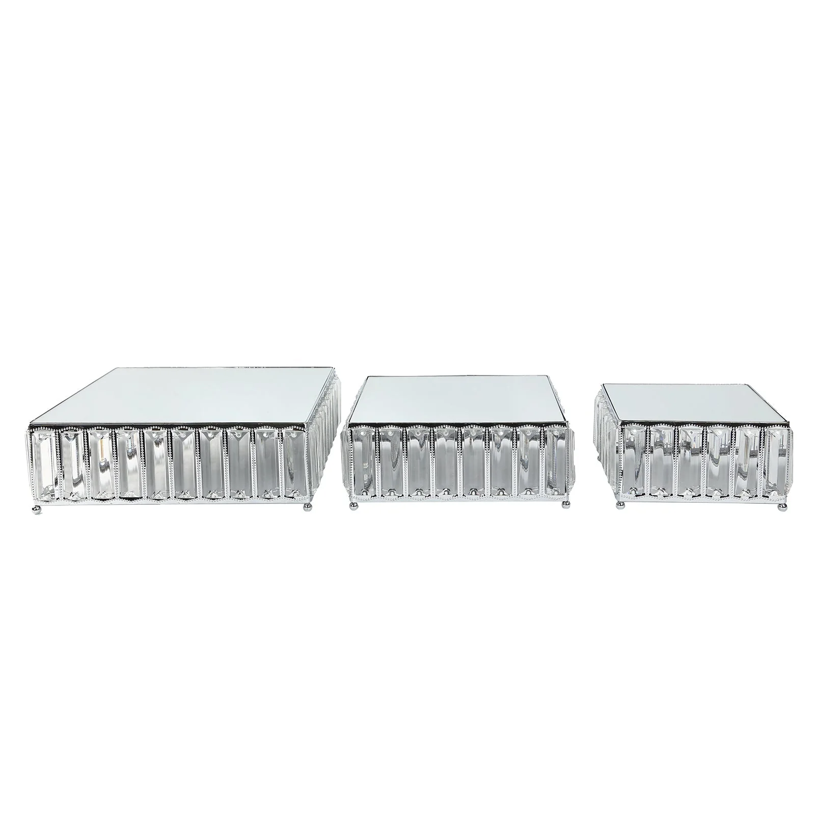 Set of 3 Crystal Pendant Silver Metal Cake Stands, Stackable Square Dessert Display Trays with Mirror Top - 7",10",12" - Image 6