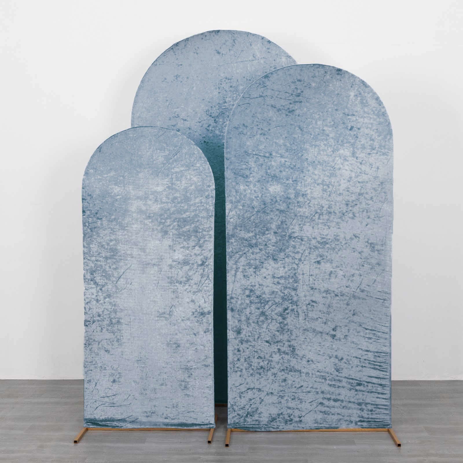Set of 3 Dusty Blue Crushed Velvet Chiara Wedding Arch Covers For Round Top Backdrop Stands 5ft, 6ft, 7ft