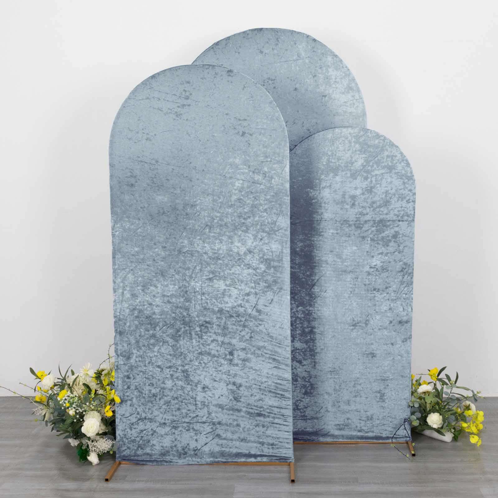 Set of 3 Dusty Blue Crushed Velvet Chiara Wedding Arch Covers For Round Top Backdrop Stands 5ft, 6ft, 7ft - Image 6