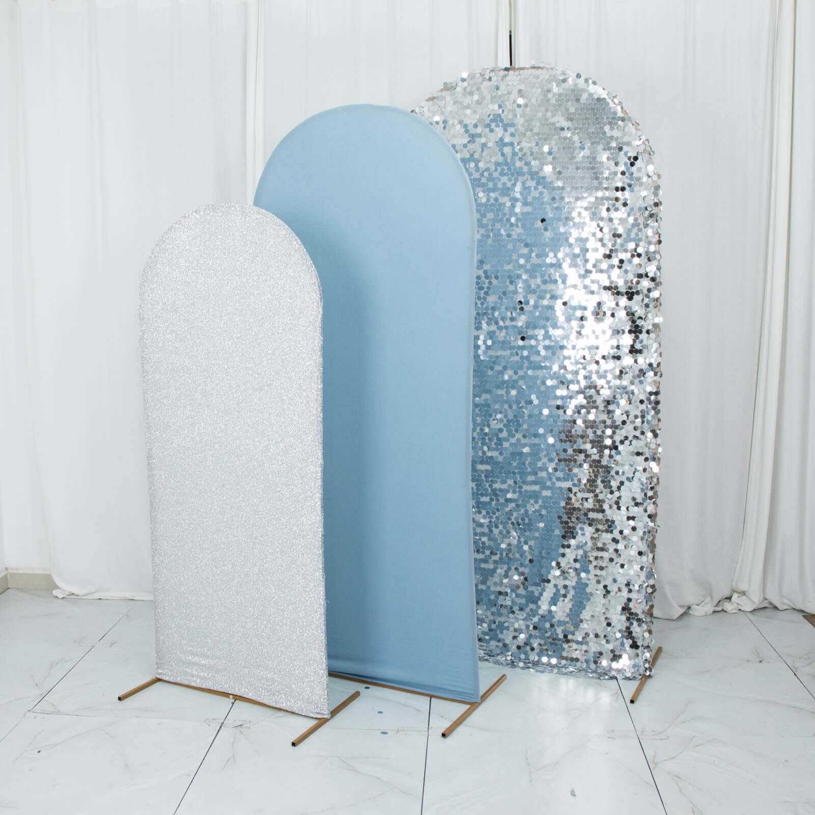 Set of 3 Dusty Blue / Silver Round Top Fitted Backdrop Stand Covers, Big Payette Sequin, Shimmer Tinsel and Matte Spandex Wedding Arch Frame Covers - Image 4