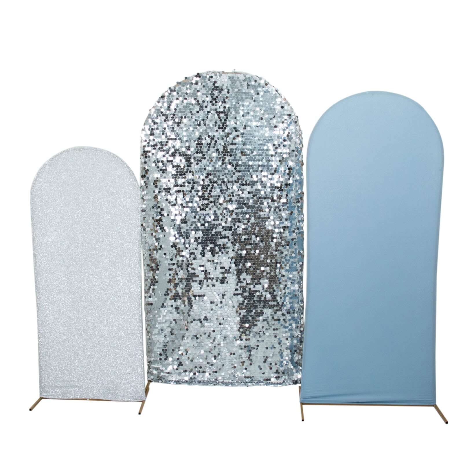 Set of 3 Dusty Blue / Silver Round Top Fitted Backdrop Stand Covers, Big Payette Sequin, Shimmer Tinsel and Matte Spandex Wedding Arch Frame Covers - Image 5