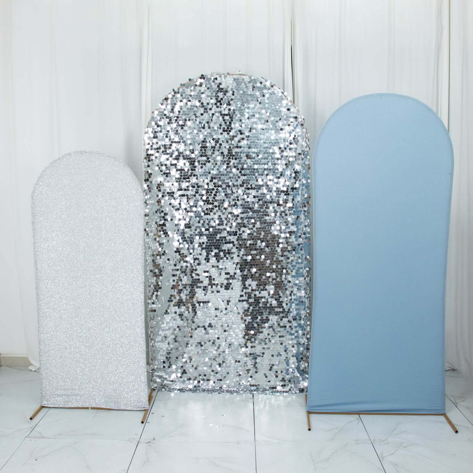 Set of 3 Dusty Blue / Silver Round Top Fitted Backdrop Stand Covers, Big Payette Sequin, Shimmer Tinsel and Matte Spandex Wedding Arch Frame Covers - Image 6