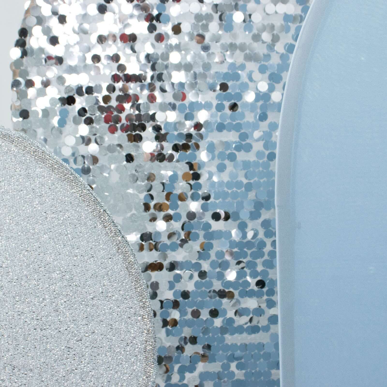 Set of 3 Dusty Blue / Silver Round Top Fitted Backdrop Stand Covers, Big Payette Sequin, Shimmer Tinsel and Matte Spandex Wedding Arch Frame Covers - Image 7