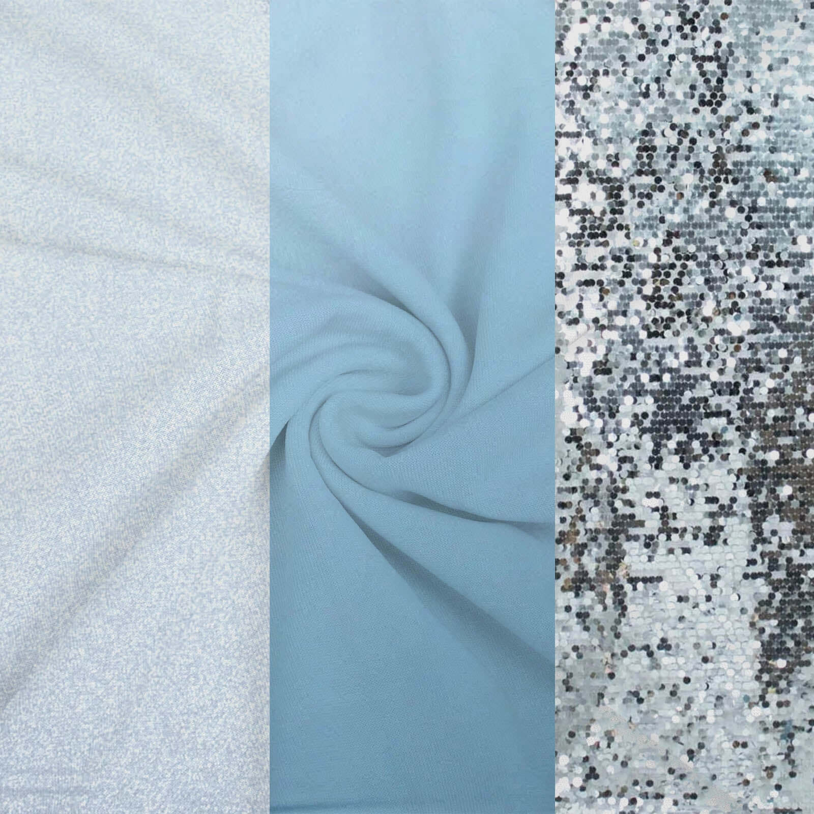 Set of 3 Dusty Blue / Silver Round Top Fitted Backdrop Stand Covers, Big Payette Sequin, Shimmer Tinsel and Matte Spandex Wedding Arch Frame Covers - Image 8
