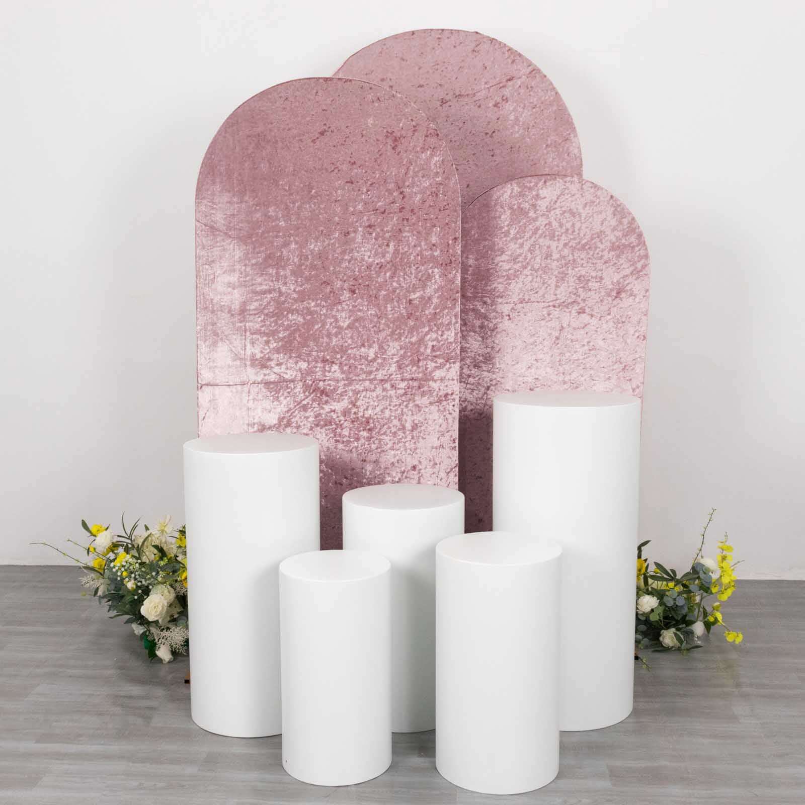 Set of 3 Dusty Rose Crushed Velvet Chiara Wedding Arch Covers For Round Top Backdrop Stands 5ft, 6ft, 7ft - Image 2