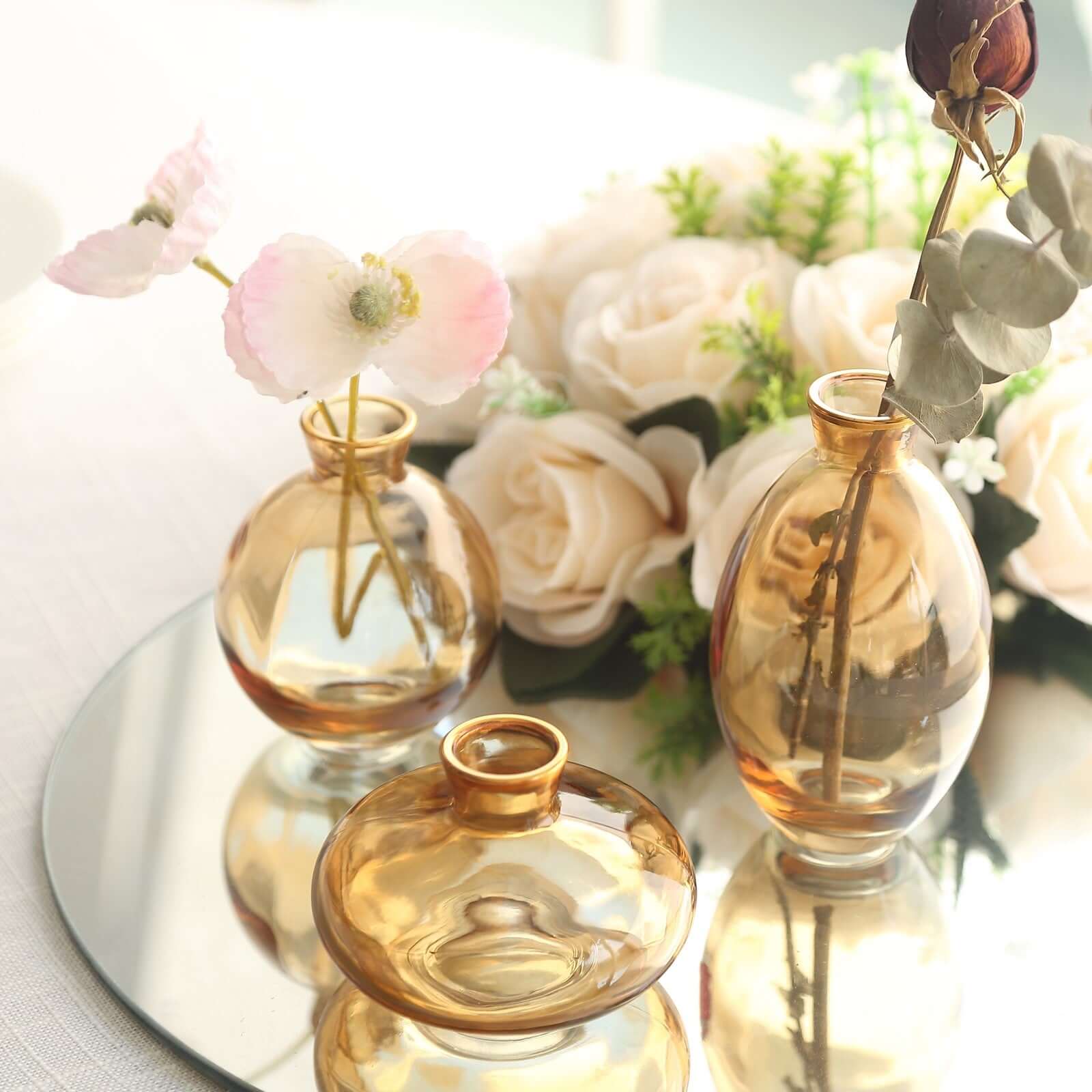 Set of 3 Glass Bud Vases Gold with Metallic Gold Rim - Modern Table Centerpieces for Flowers, Assorted Sizes
