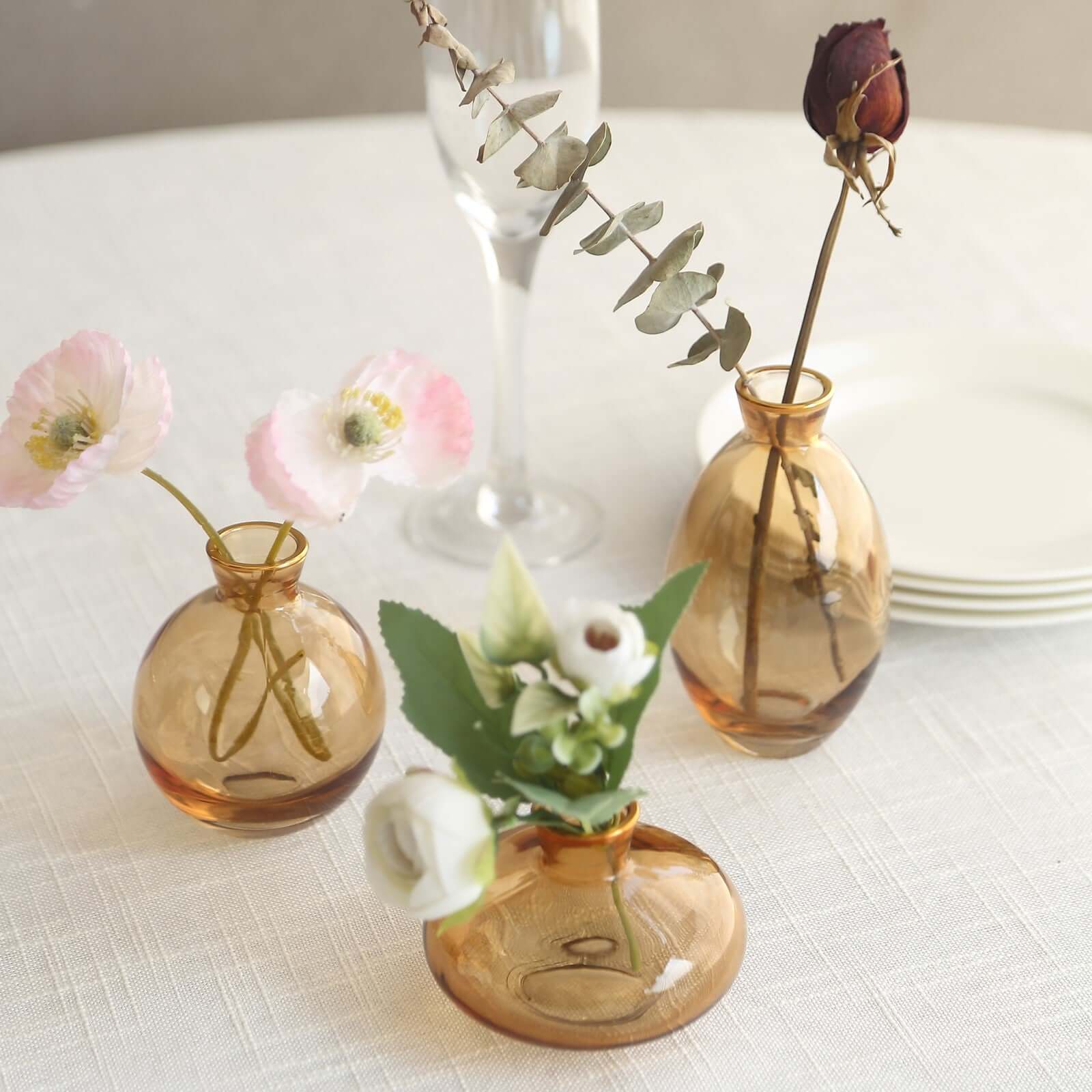 Set of 3 Glass Bud Vases Gold with Metallic Gold Rim - Modern Table Centerpieces for Flowers, Assorted Sizes - Image 6