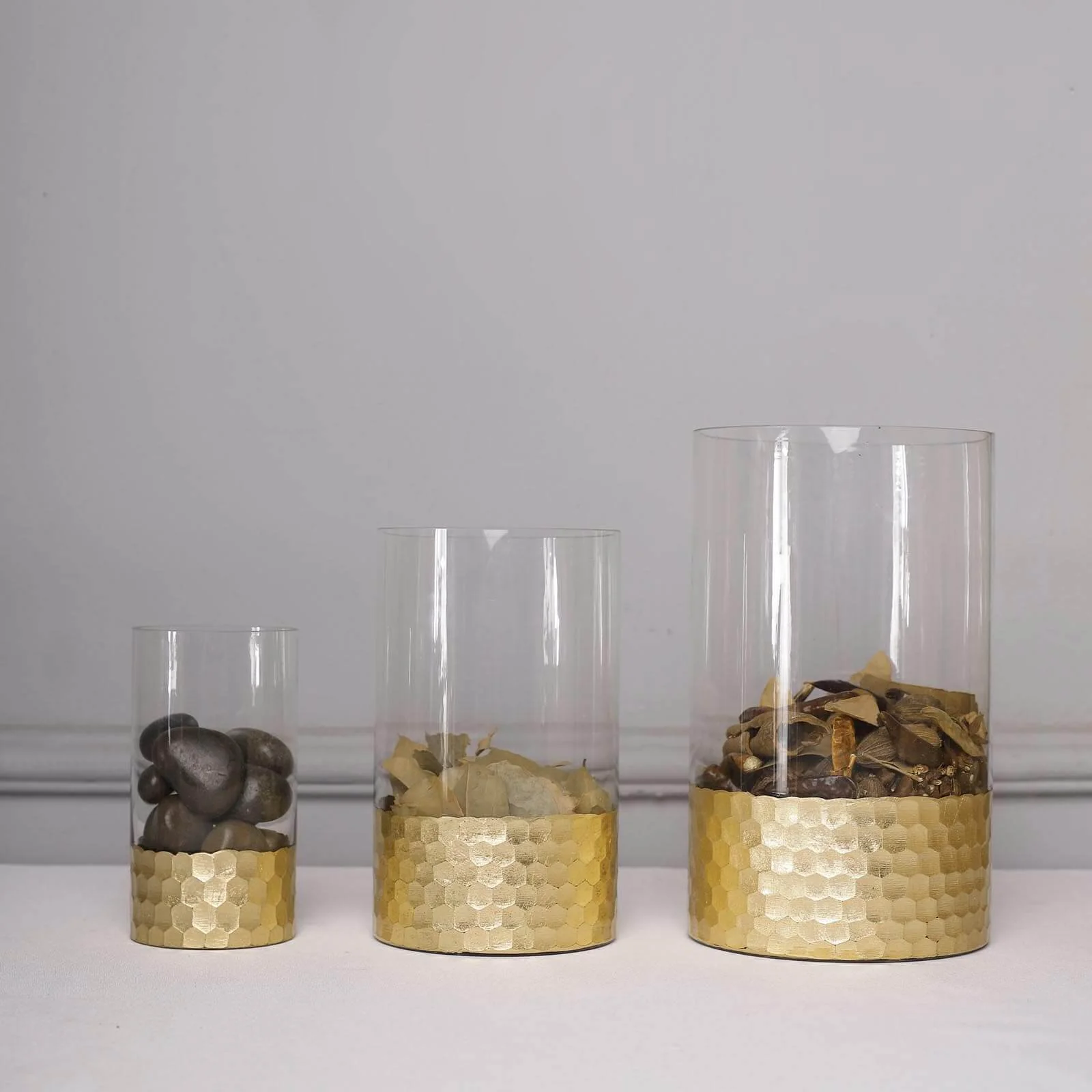 Set of 3 Glass Cylinder Vases Honeycomb Design 6", 8", 10" Clear with Gold Base - Tealight Wedding Centerpieces - Image 11