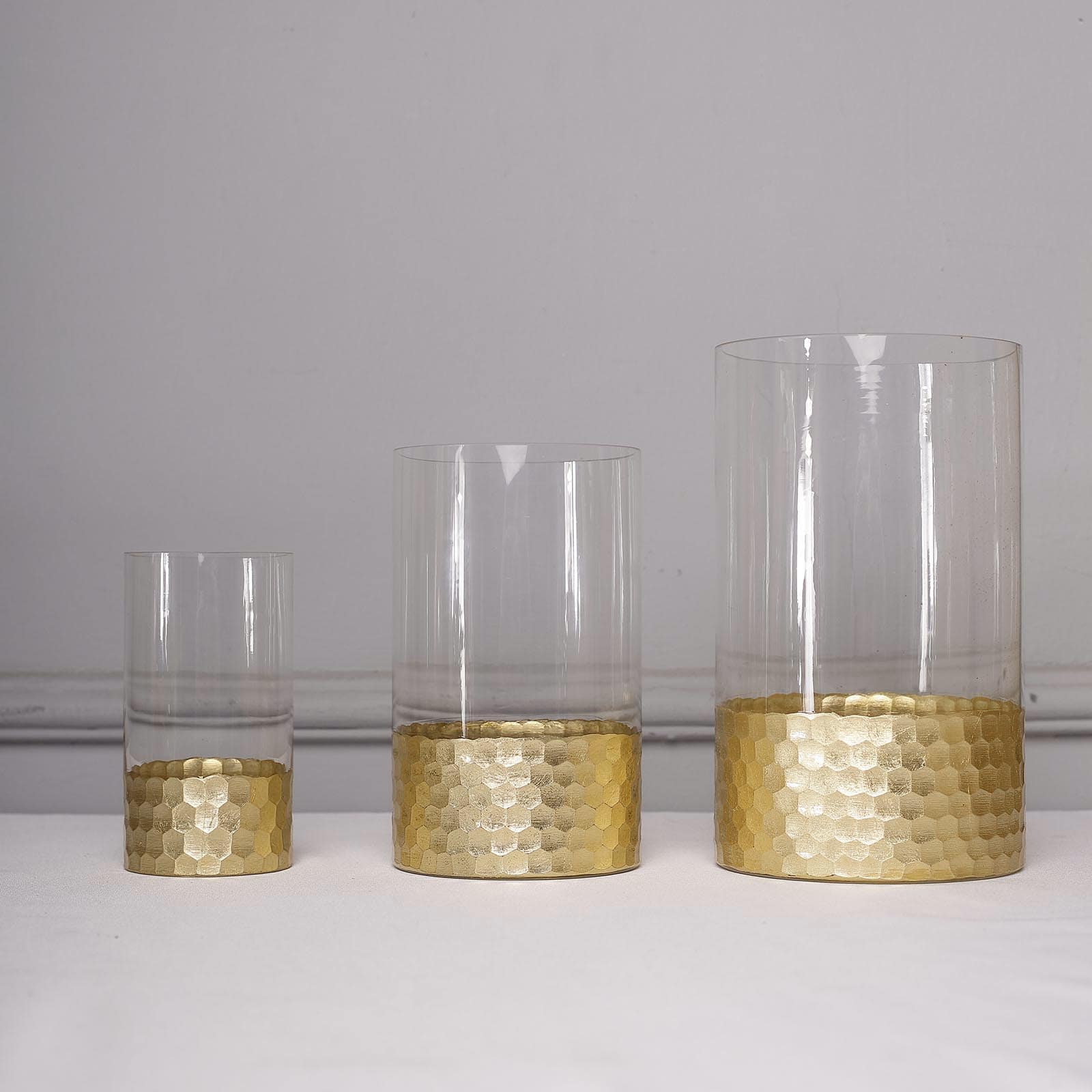 Set of 3 Glass Cylinder Vases Honeycomb Design 6", 8", 10" Clear with Gold Base - Tealight Wedding Centerpieces - Image 12