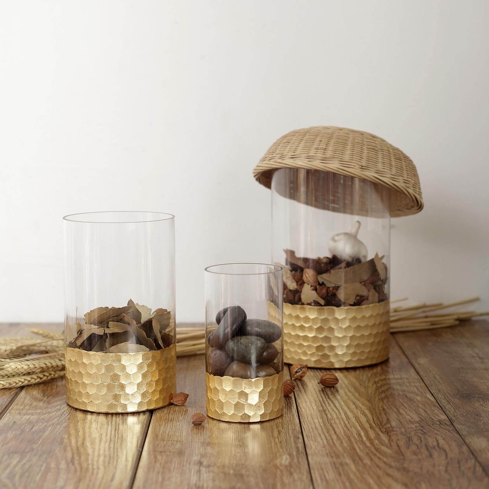 Set of 3 Glass Cylinder Vases Honeycomb Design 6", 8", 10" Clear with Gold Base - Tealight Wedding Centerpieces - Image 13
