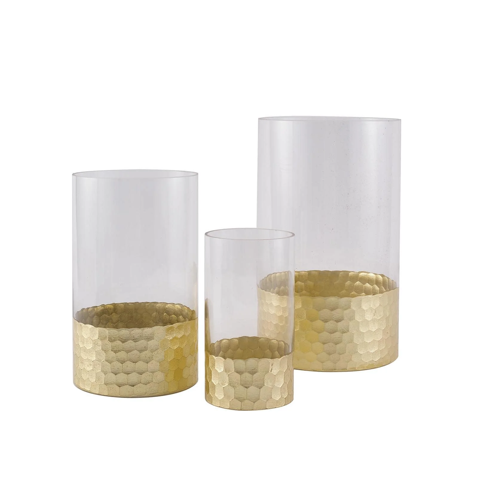 Set of 3 Glass Cylinder Vases Honeycomb Design 6", 8", 10" Clear with Gold Base - Tealight Wedding Centerpieces - Image 15
